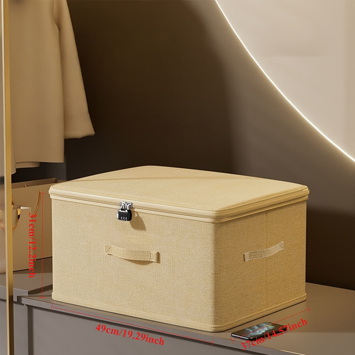 1 caja de almacenamiento de tela grande con asas - Organizador rectangular beige para ropa, juguetes y organización del hogar, estilo cajón con tapa segura, perfecto para dormitorio o sala de estar, organizadores de armarios y almacenamiento