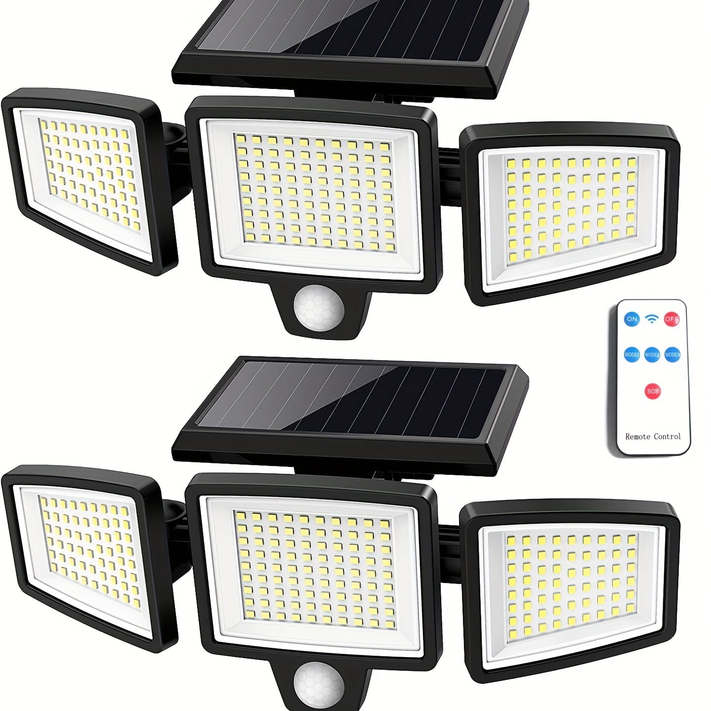 Paquete de 2/1 Lámpara Solar Exterior con Control Remoto, Luz de Seguridad de 210 LED con Sensor de Movimiento y Tres Cabezas, Ángulo Amplio de 270°, Resistente al Óxido, 3 Modos