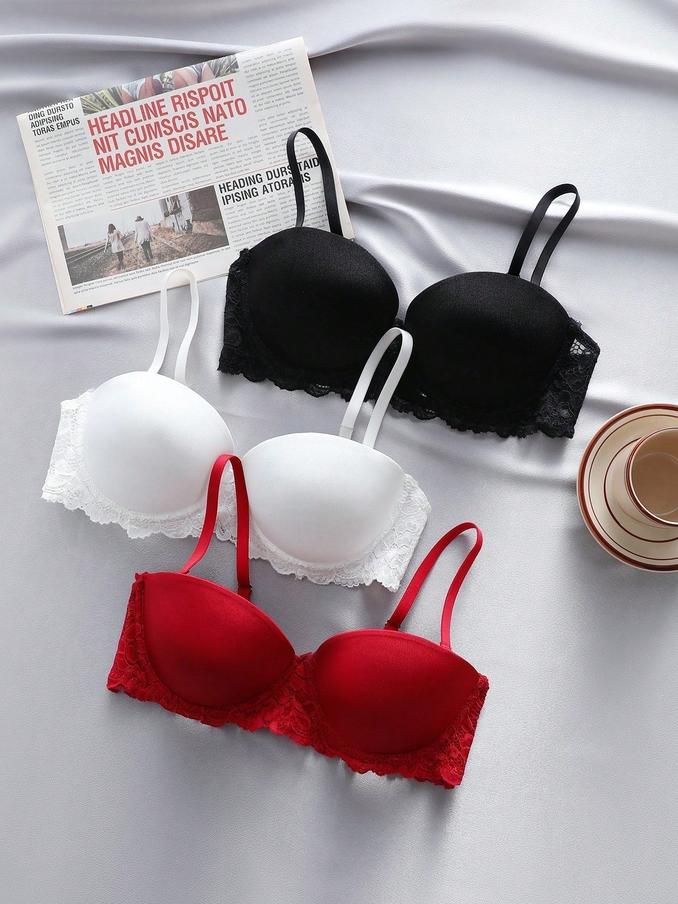 Underwear&sleepwear basics juego de lenceria de 3 piezas/set de sujetador de contraste de encaje de unicolor para mujer