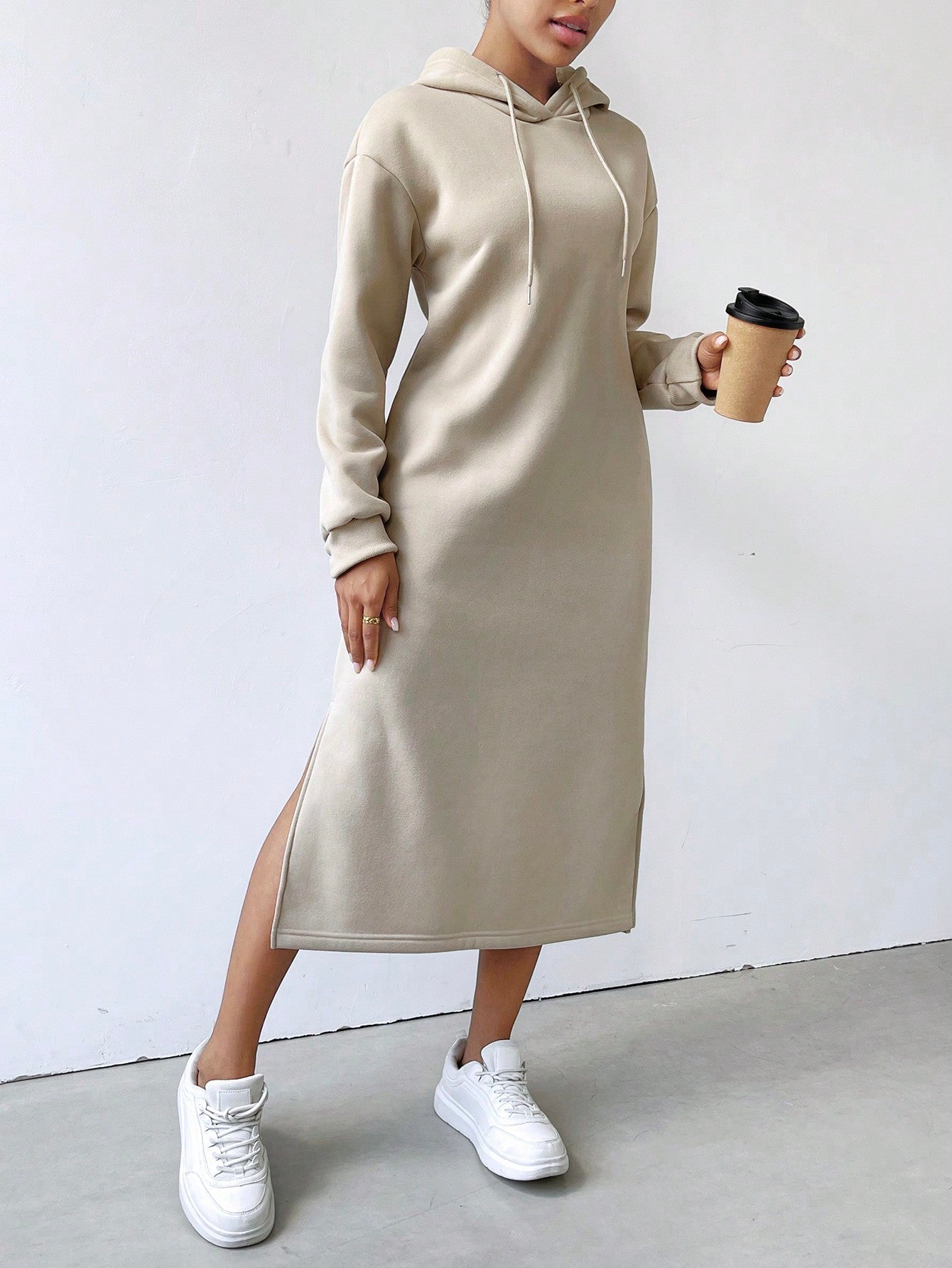 Lune vestido con capucha de manga larga, bolsillo y unicolor minimalista para mujer