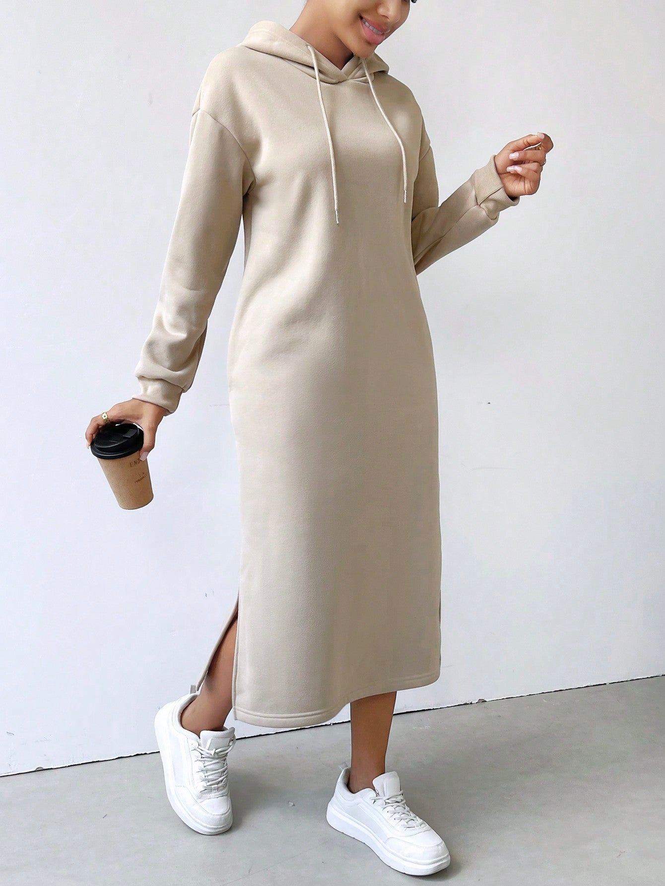 Lune vestido con capucha de manga larga, bolsillo y unicolor minimalista para mujer