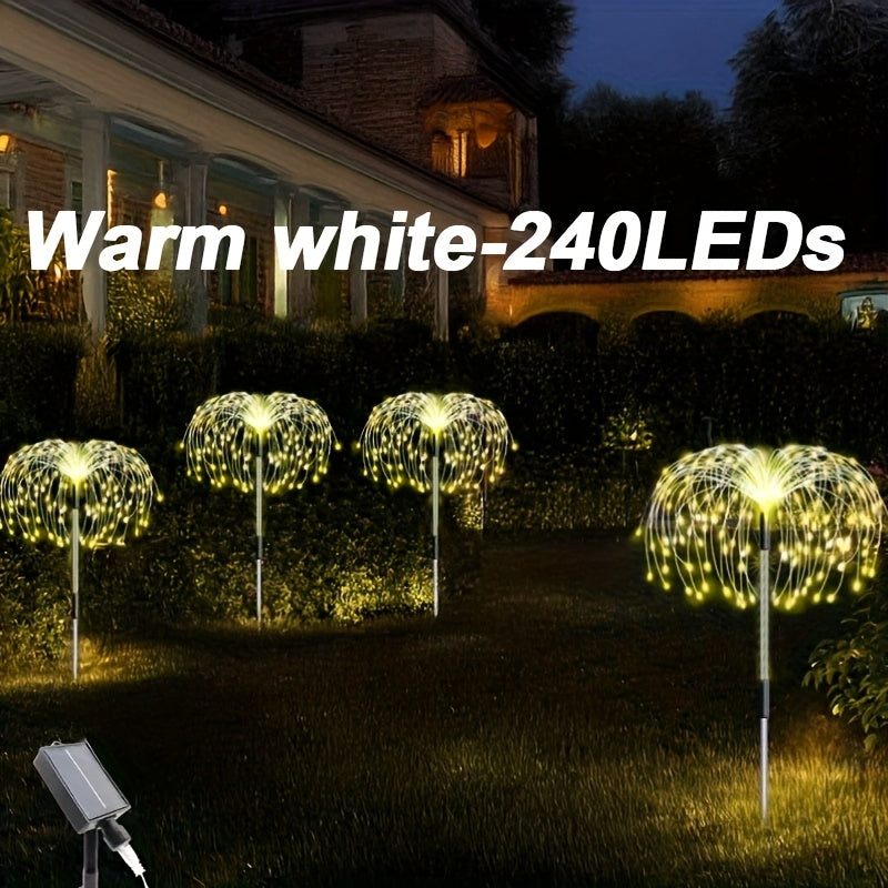 4 luces solares para jardín tipo fuegos artificiales, 320/240 LED para exteriores con 8 modos de parpadeo ajustables, iluminación decorativa cálida/blanca y colorida para patio, jardín, terraza (carga solar, montaje semiempotrado, pantalla de plástico, c