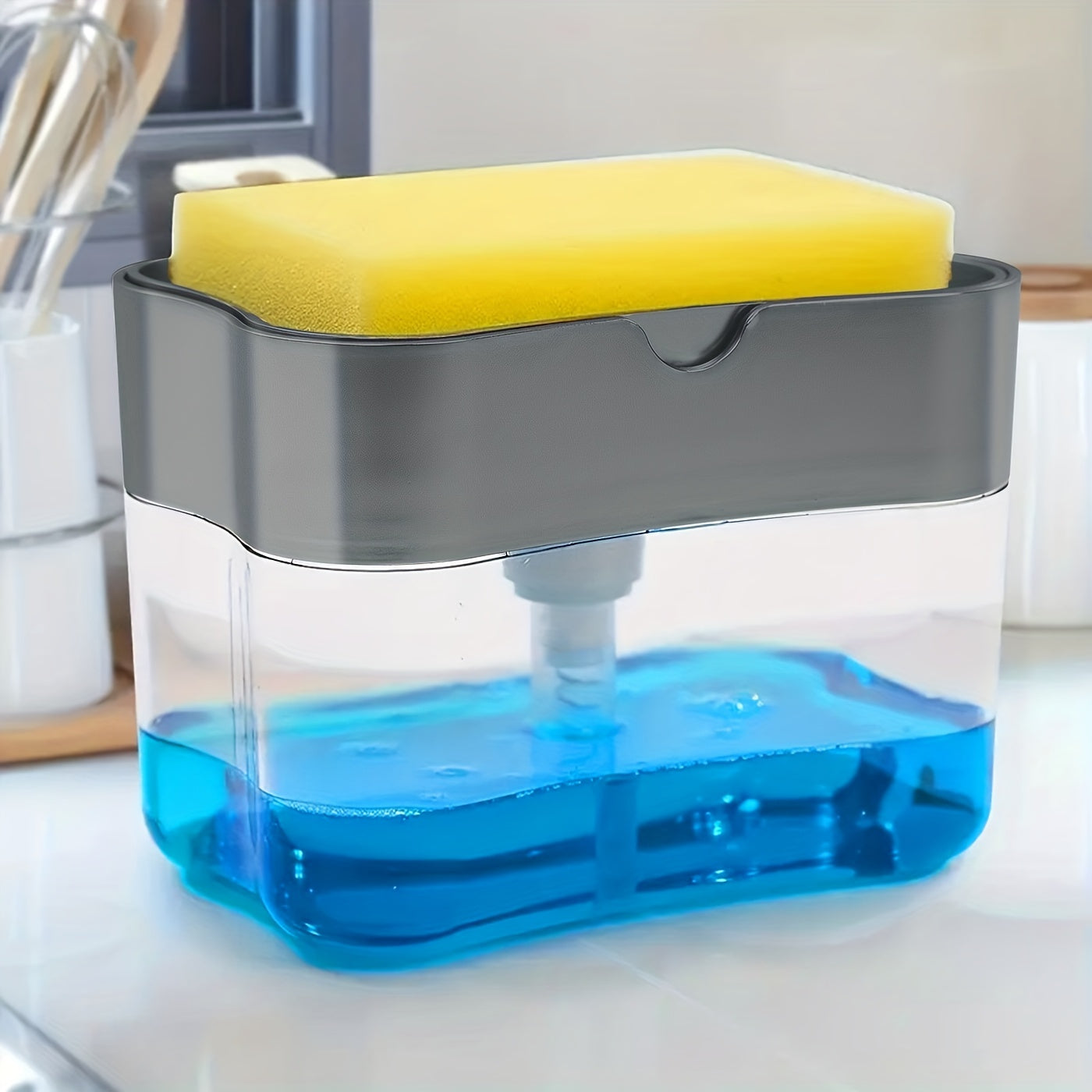 Dispensador de Jabón para Platos y Soporte para Esponja, 1pc, Metálico Plateado para Fregadero de Cocina, Sin Esponja Incluida