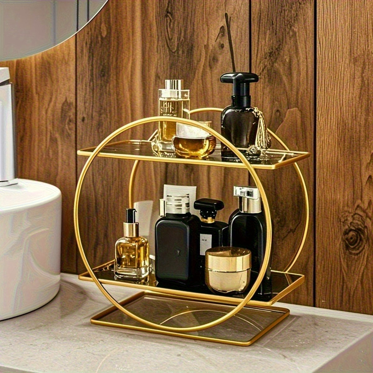 Organizador de Bandeja para Lavabo de Hierro Dorado de 2 Niveles - Estante Decorativo Circular para Tocador, Encimera o Sala - Porta Cosméticos y Perfumes Extraíble y Portátil, Organización de Encimeras, Acabado Metálico Elegante, Construcción Duradera