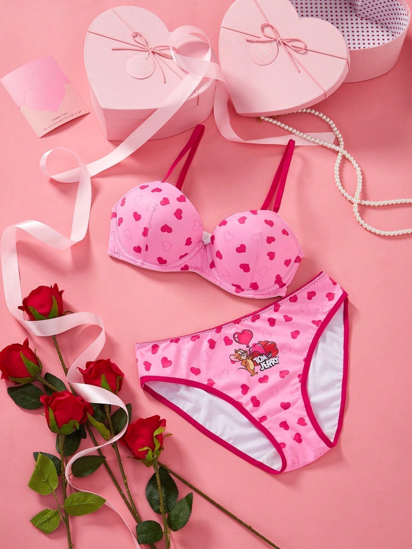 TOM & JERRY X Conjunto de sujetador push-up y bragas en forma de corazon rosado para mujer