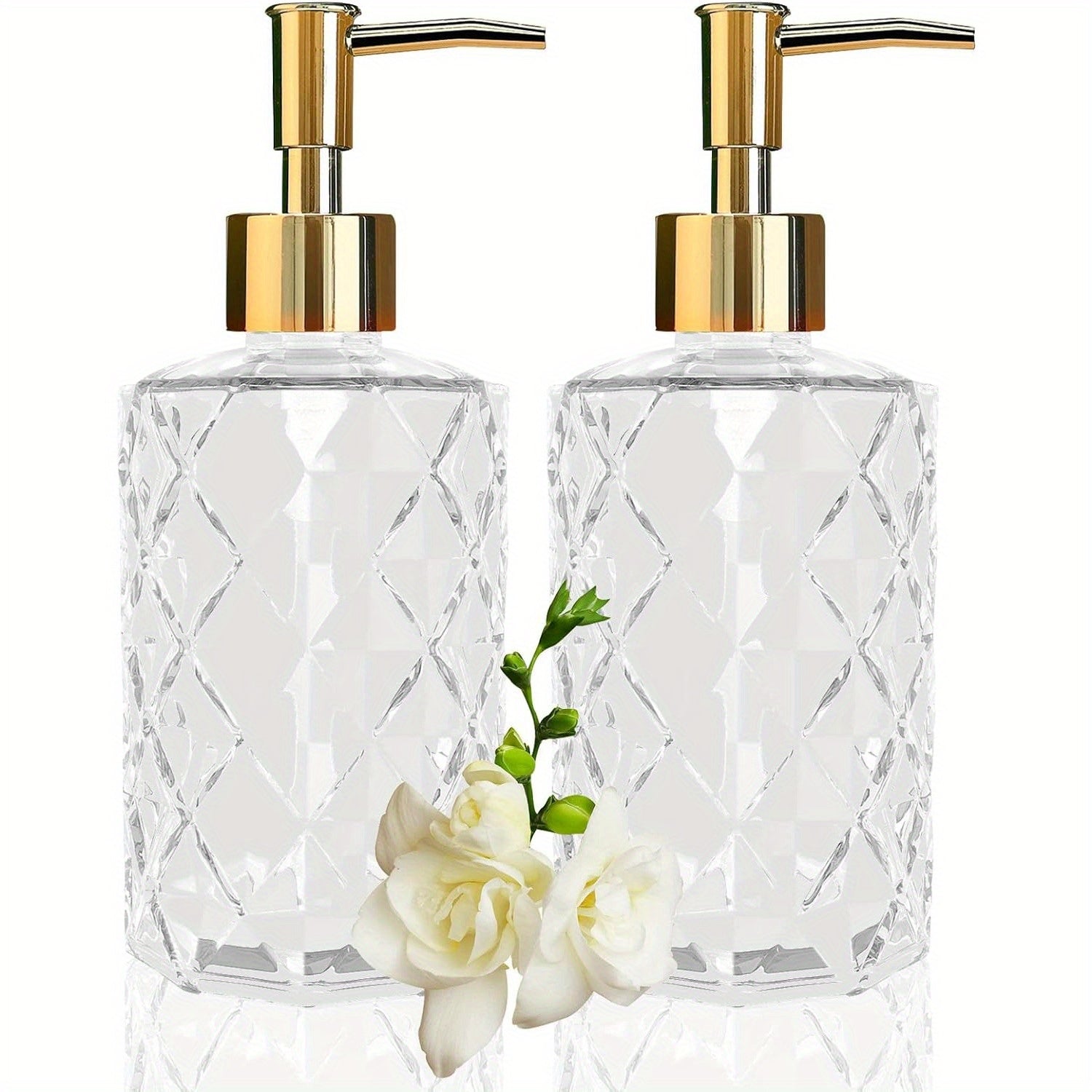 Paquete de 1/2 dispensadores de jabón de vidrio cristalino, 350ml/11oz. Bomba de loción de vidrio transparente, diseño cristalino, jabón de cocina reutilizable, gel de ducha, champú y dispensadores de jabón para manos.