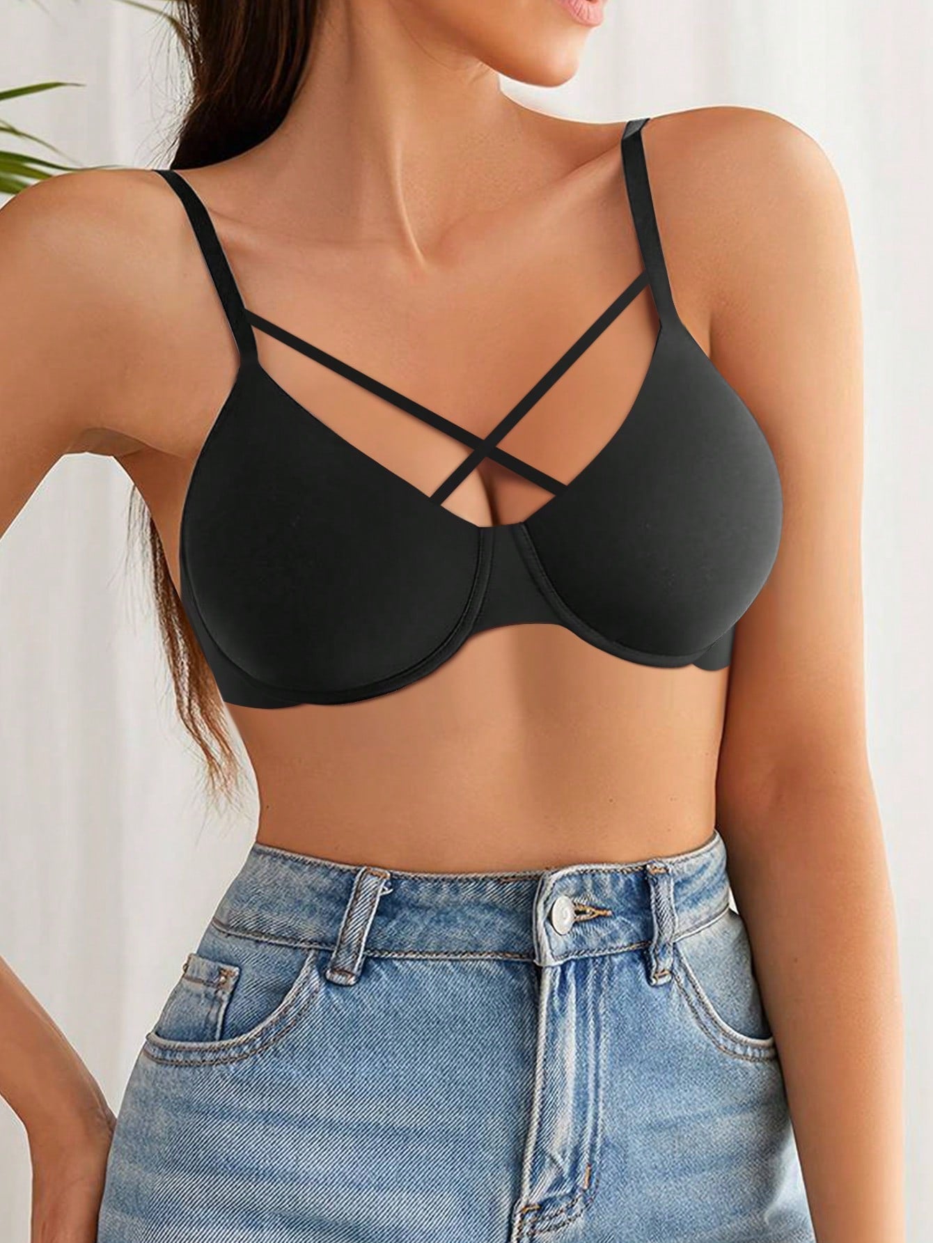 Sujetador sexy con copa fina y sin alambre para mujer con decoracion de tirantes en los hombros, comodo y sin costuras, sujetador recogido antidescenso para el pecho y los laterales del pecho