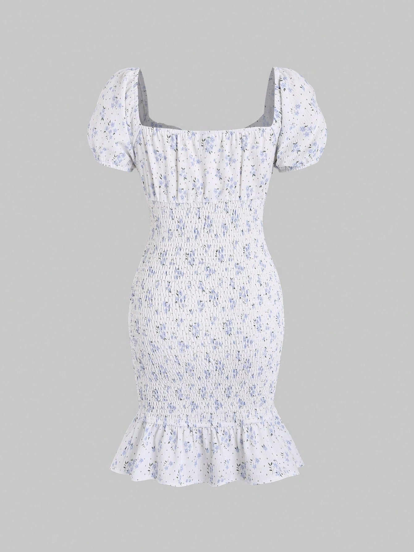 Vestido floral de manga farol con nudo delantero con fruncido bajo con fruncido