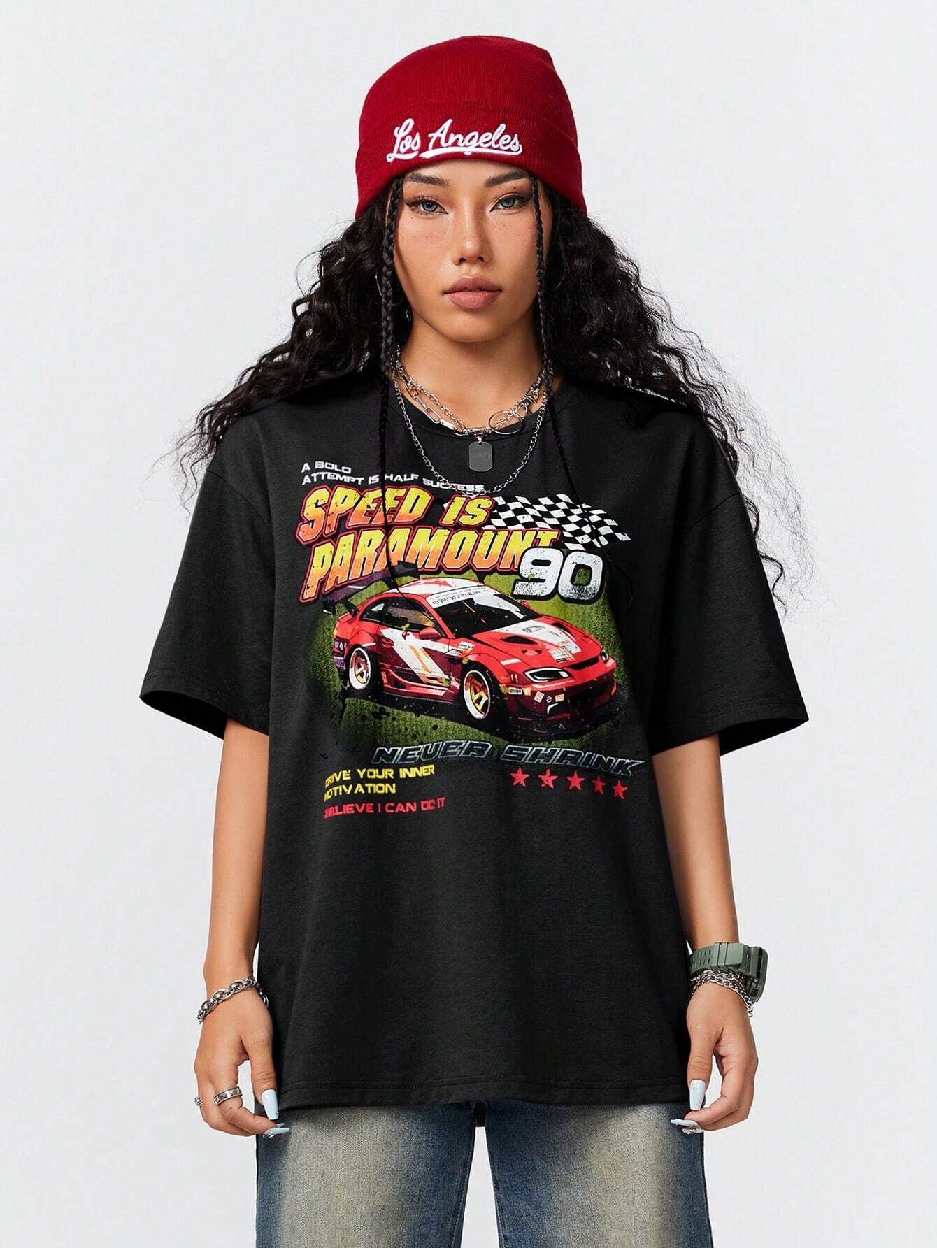 Coolane Camiseta informal de verano con mangas cortas y estampado de eslogan de automovil en tamano grande