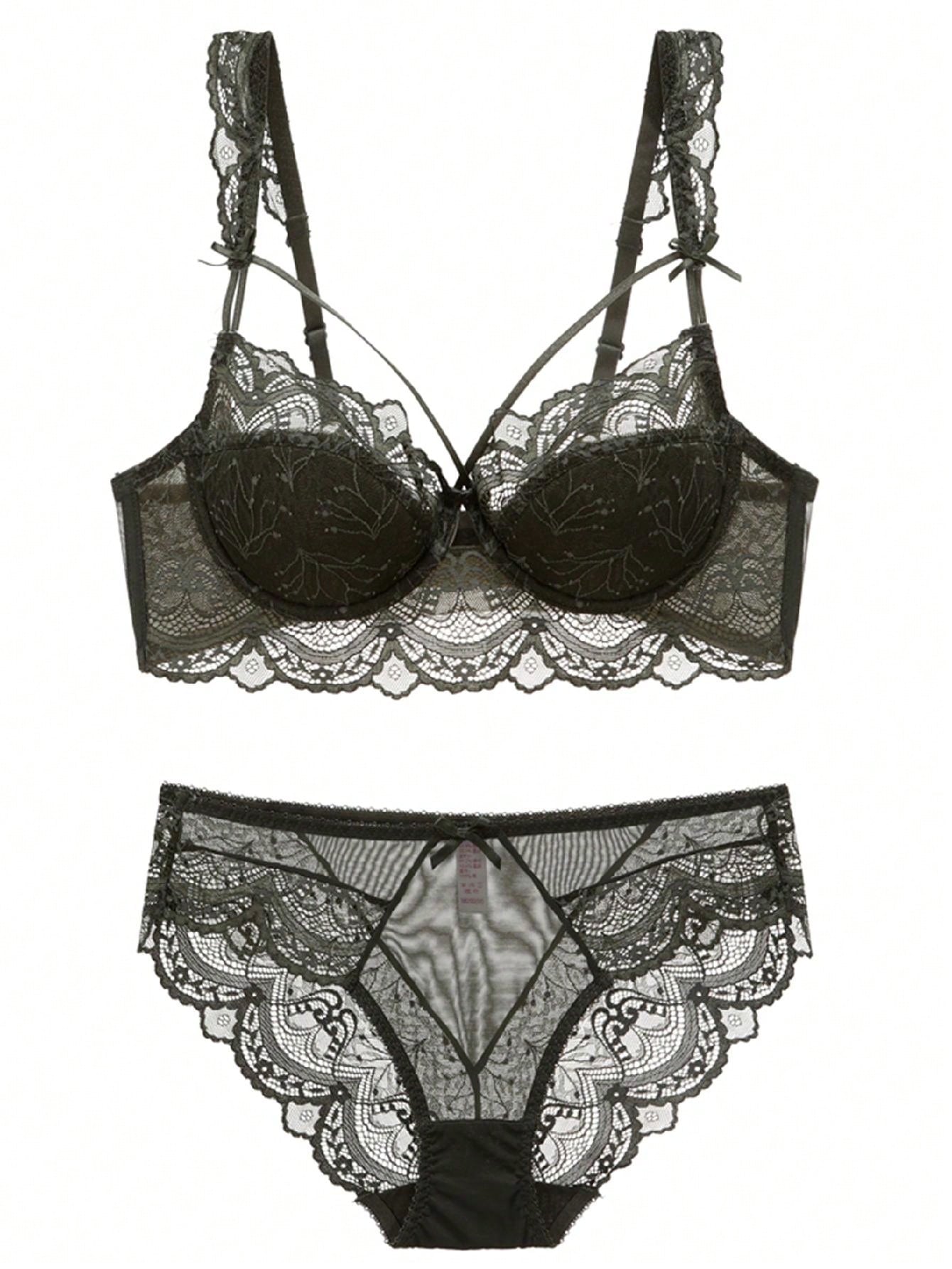 Conjunto De Brasier De Encaje De Mujer Y Lenceria Delgada Con Diseno De Cruz Y Correa De Encaje Sexy Que Te Hace Lucir Mas Delgada, Incluyendo Tangas, 2 Piezas / Conjunto