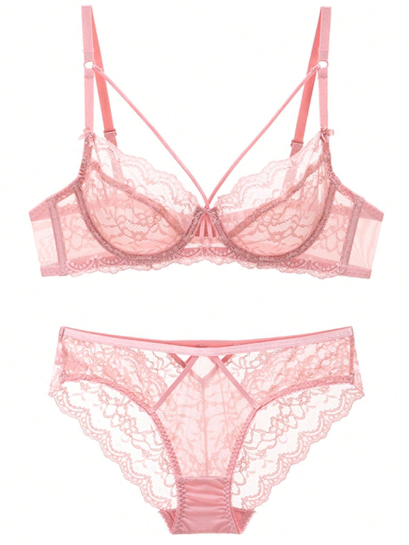 Conjunto de sujetador y bragas sexy para mujer con encaje transparente, sujetador ultra delgado y sin relleno invisible para bustos grandes con efecto de copa pequena.