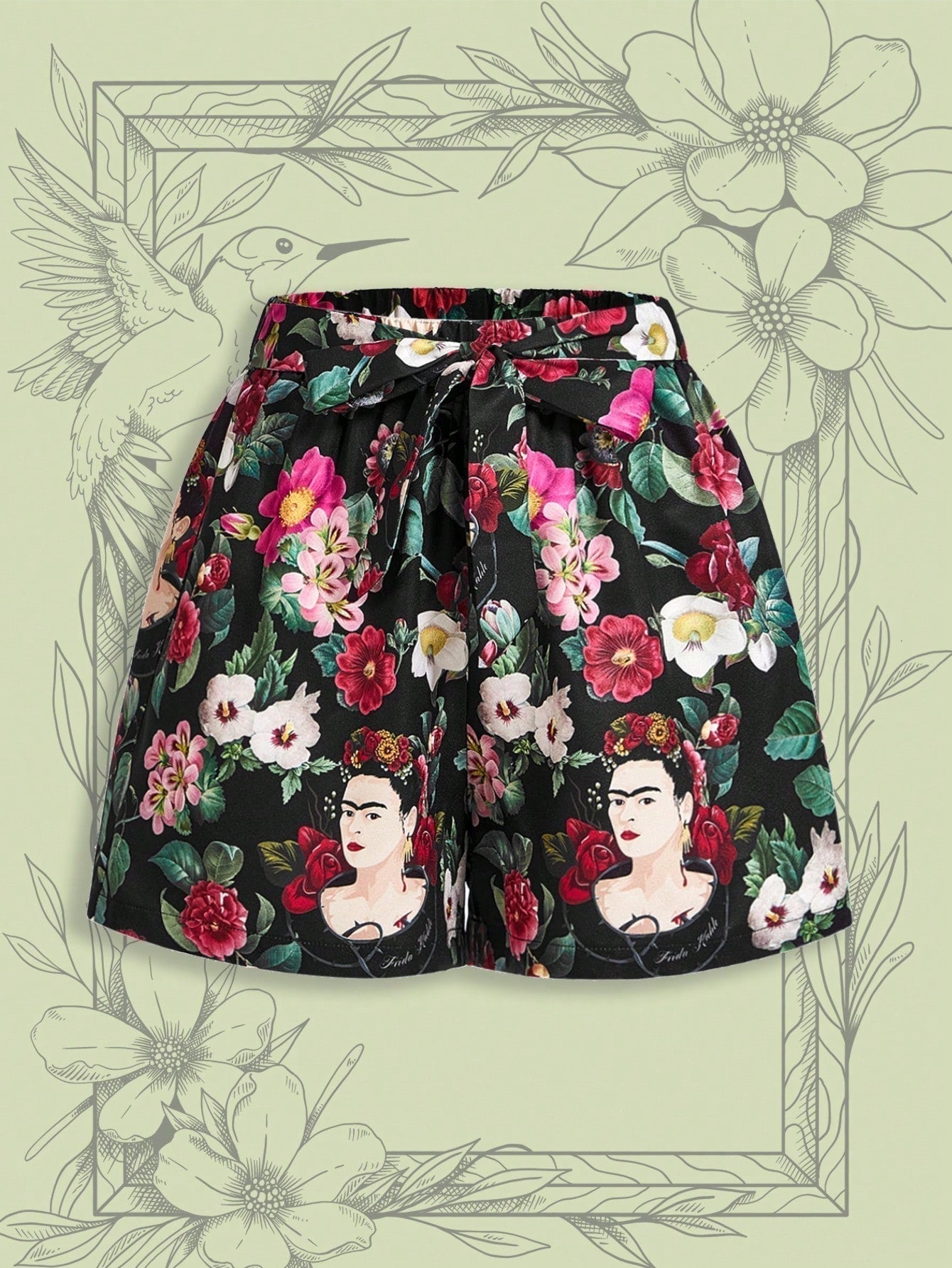 Frida Kahlo X Corto estampado con figura y flores, de ocio y verano, con cinturon