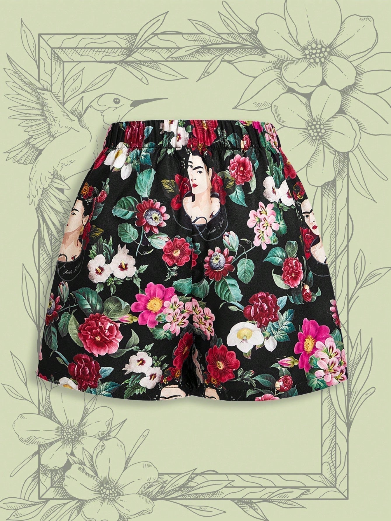 Frida Kahlo X Corto estampado con figura y flores, de ocio y verano, con cinturon