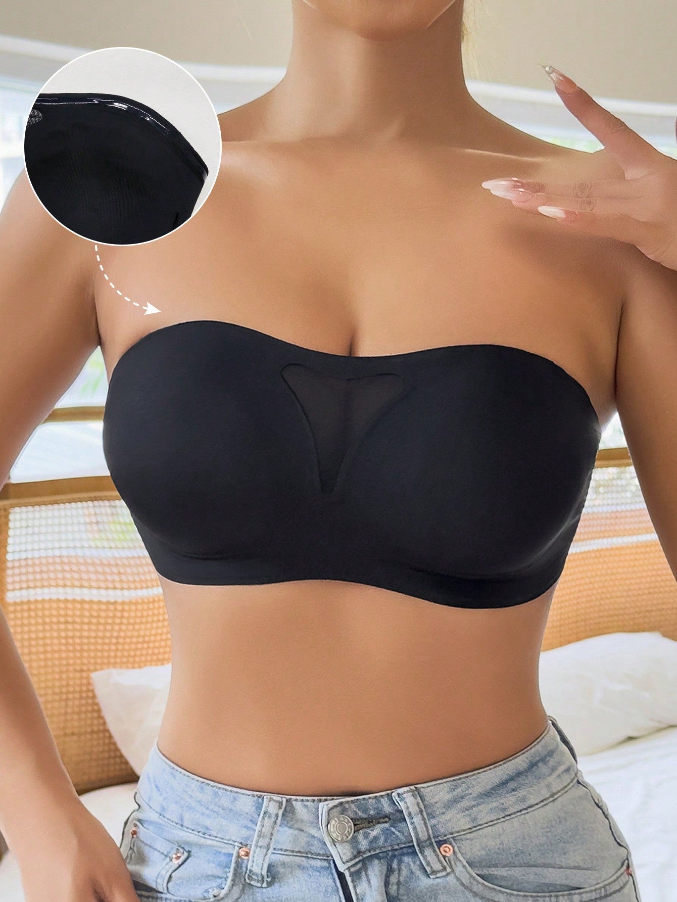 NEW Sujetador sin costuras y sin tirantes para mujer, sexy sujetador bandeau de malla calado con correas de hombro transparentes