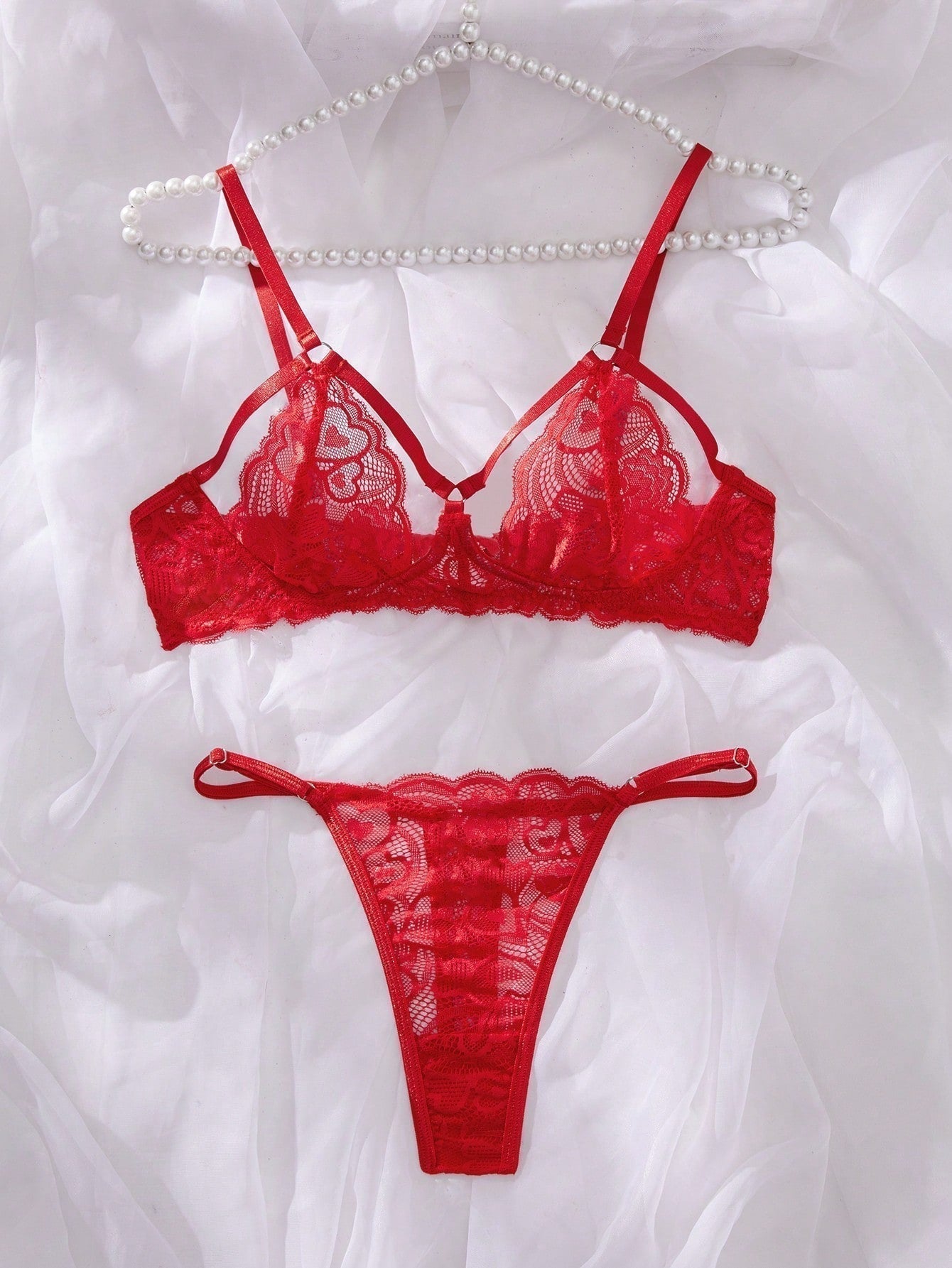 Conjunto de ropa interior para mujer con encaje y huecos, 2 piezas con soporte