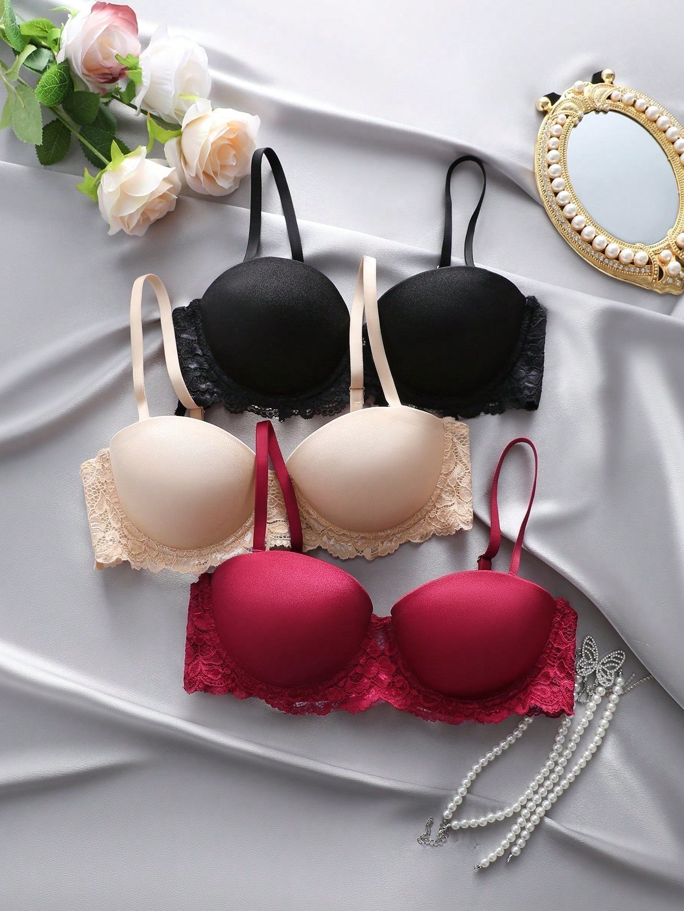 Underwear&sleepwear basics juego de lenceria de 3 piezas/set de sujetador de contraste de encaje de unicolor para mujer