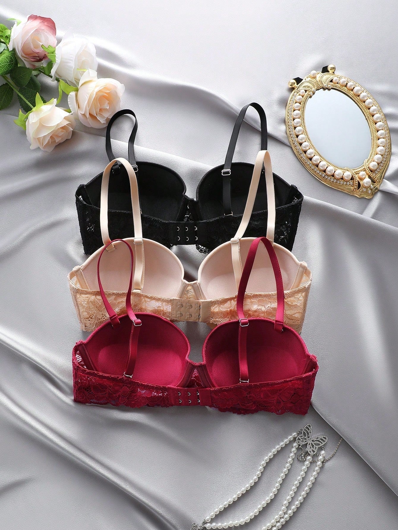 Underwear&sleepwear basics juego de lenceria de 3 piezas/set de sujetador de contraste de encaje de unicolor para mujer
