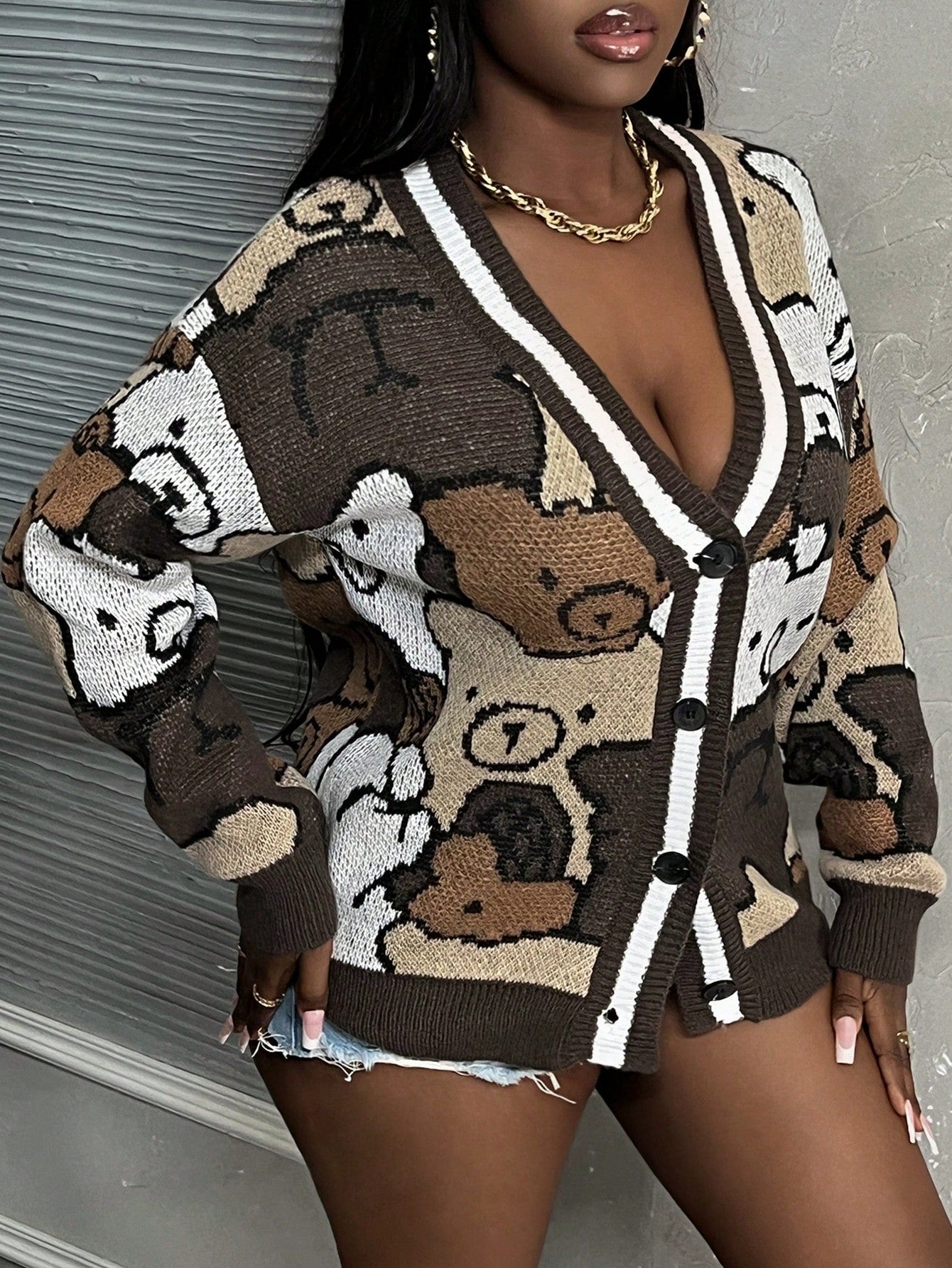 Slayr chaqueta de punto casual con patron asimetrico y contraste de color para mujer