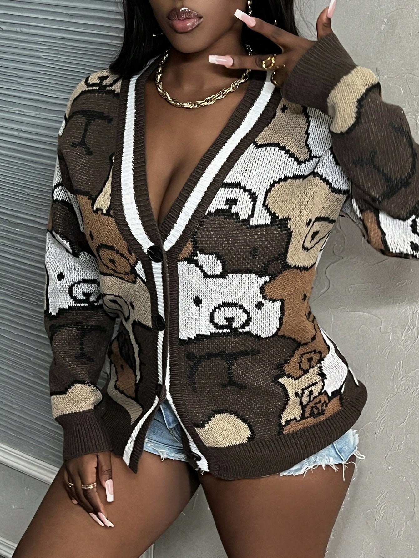 Slayr chaqueta de punto casual con patron asimetrico y contraste de color para mujer