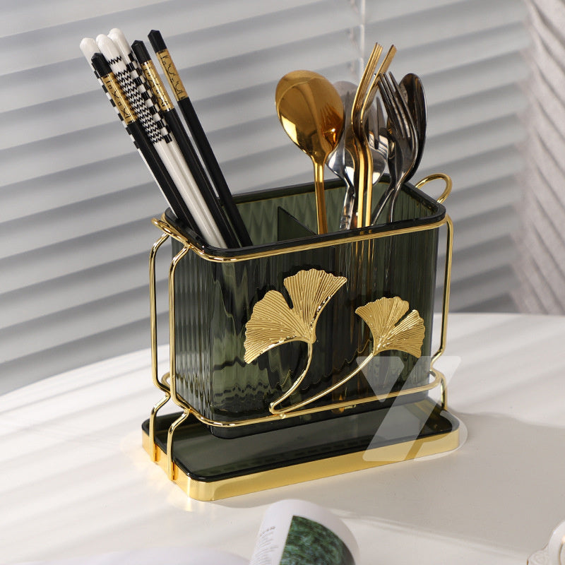 Organizador de utensilios de metal dorado elegante con bandeja de drenaje - Diseño de doble compartimento para cocina y comedor, perfecto para almacenamiento de bolígrafos, lápices y cubiertos, organizadores y almacenamiento de cocina.