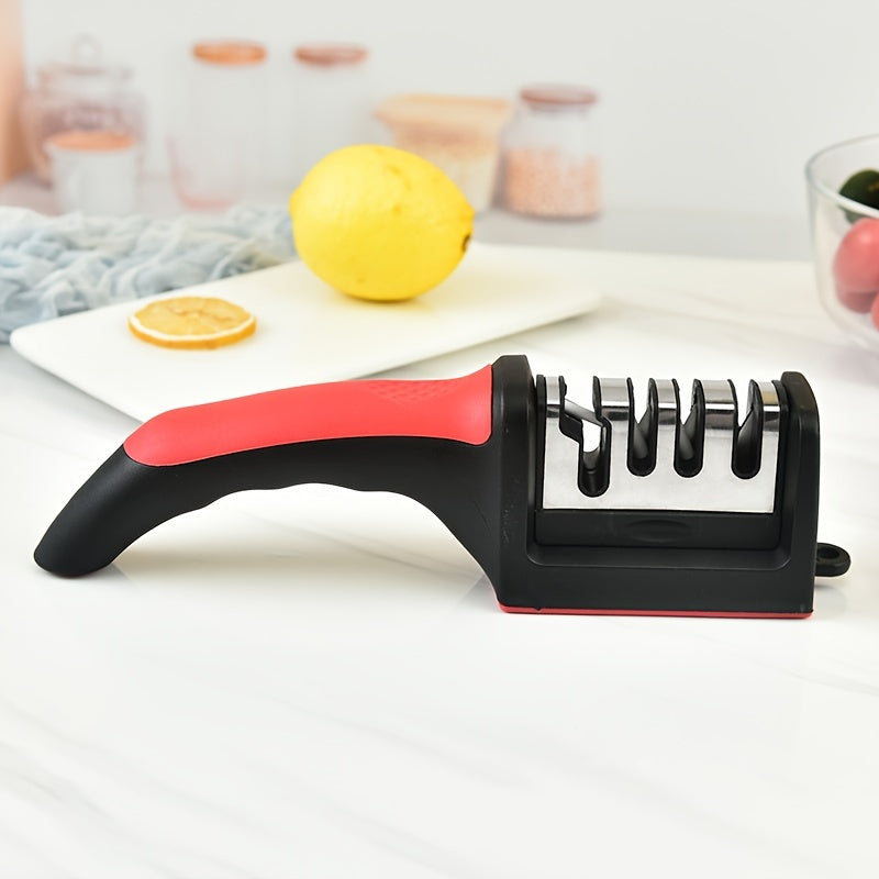 Afilar cuchillos multifuncionales de 4 etapas - Piedra de afilar de cerámica y acero de tungsteno duradero, herramienta de cocina portátil rápida para afilar todas las hojas, mango ergonómico de goma roja, afilado y pulido eficientes, afilador de cuchill