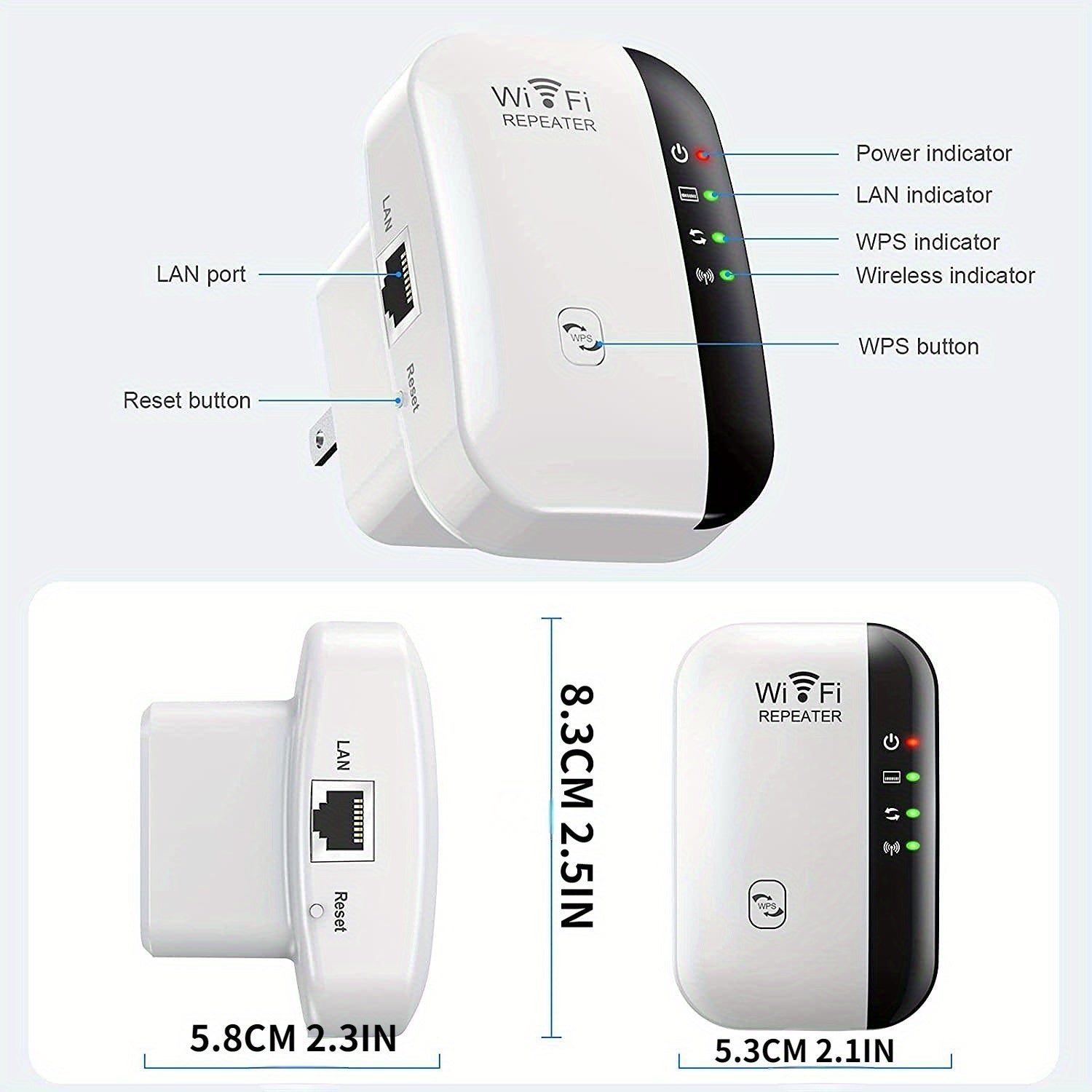 Repetidor WiFi de alta velocidad 300 Mbps, amplificador de señal inalámbrica de largo alcance, compatible con 802.11N, configuración fácil con botón WPS, enchufe estadounidense, uso en interiores y exteriores, diseño en blanco y negro, extensión de WiFi