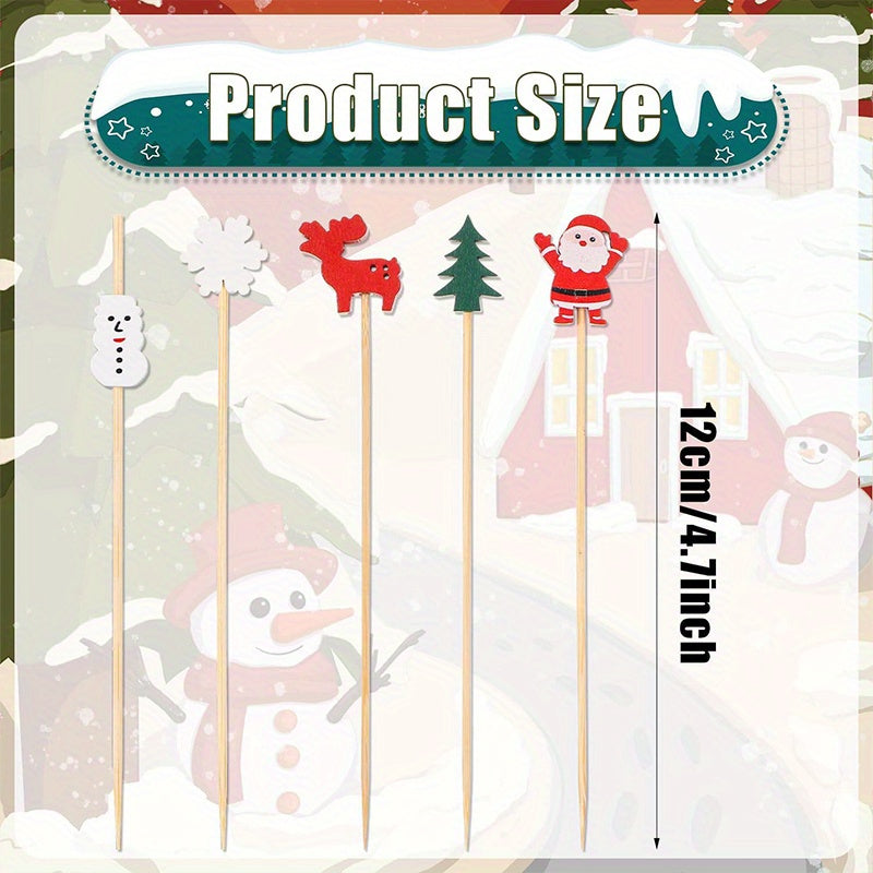 100 piezas, palillos de cóctel navideños festivos - Palitos de madera con copos de nieve, muñecos de nieve, renos y árboles para bebidas navideñas, aperitivos y decoraciones para fiestas.
