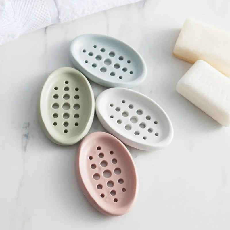 Jabonera Ovalada de Silicona con Drenaje - Auto-Drenante, Soporte Multifuncional para Jabón de Baño y Estante de Almacenamiento