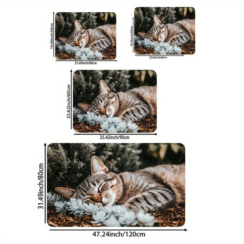 Alfombrilla de entrada de poliéster lavable en máquina con respaldo de PVC antiderrapante - Diseño de siesta de gato para decoración de baño, cocina, sala de estar y dormitorio
