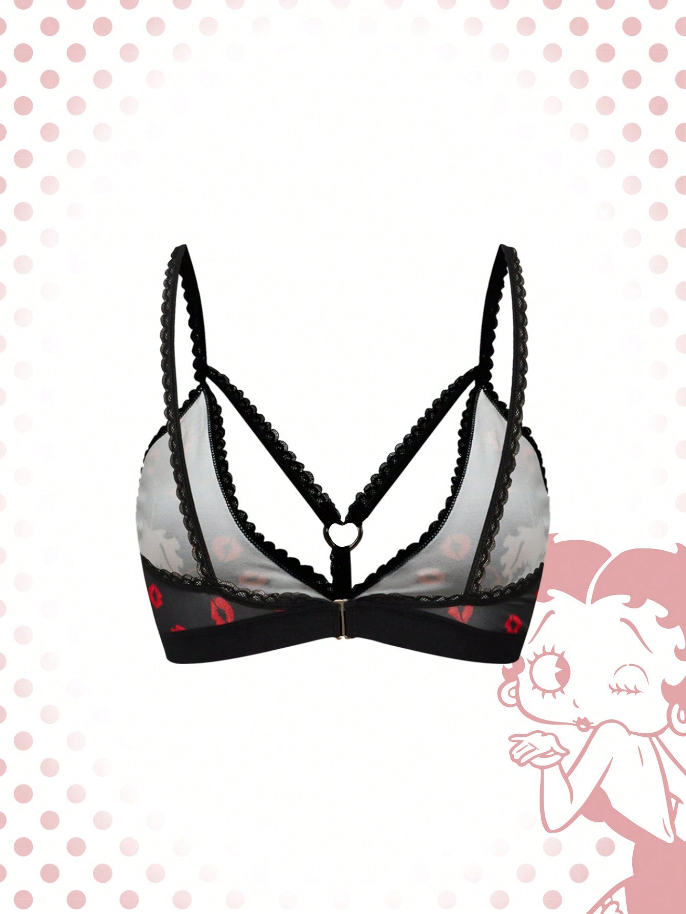 Betty boop | romwe 1 pieza sujetador acolchado inalambrico con decoracion de personaje de dibujos animados y estampado de labios con forma de corazon