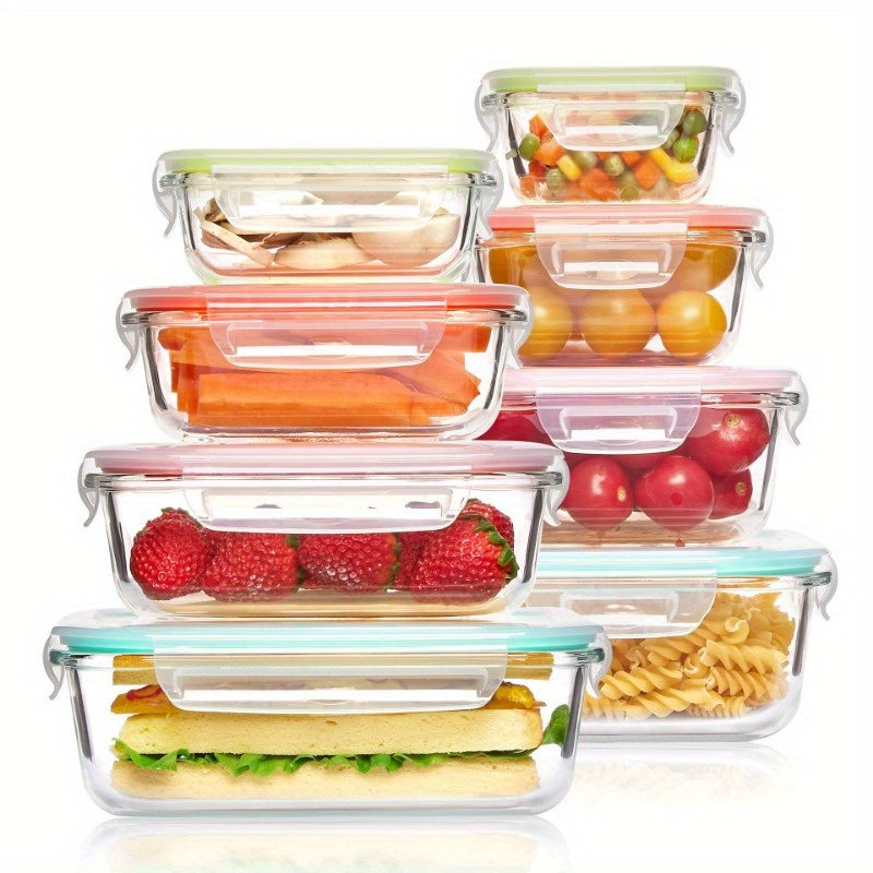 Juego de 8 Contenedores de Vidrio para Preparación de Comidas, Apto para Microondas, Horno, Congelador y Lavavajillas, Juego de Contenedores de Vidrio para Almacenamiento Saludable de Alimentos, Frutas, Snacks y Sobras, Libre de BPA