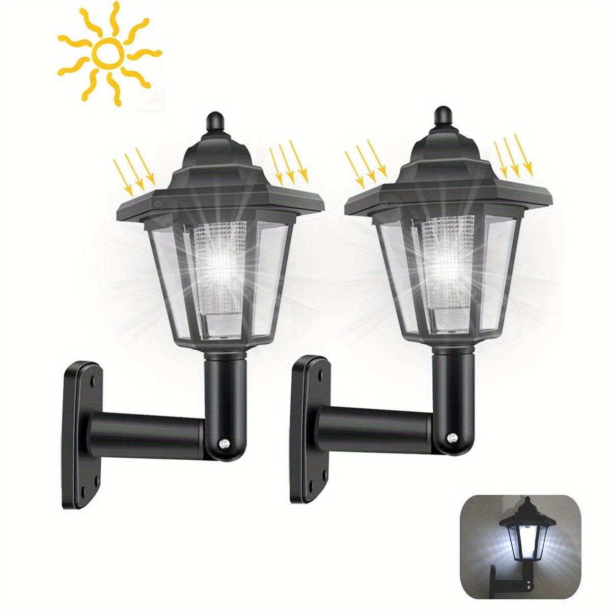 2 luces solares hexagonales para exterior, lámpara de pared LED solar, farol retro, decoración de jardín, luz solar para calle