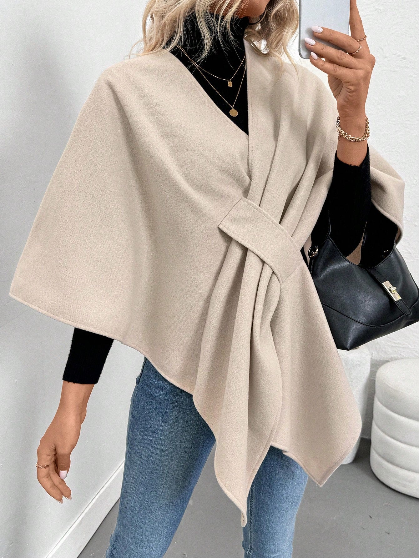 Clasi abrigo de lana de unicolor elegante con cierre envolvente para mujer, para otono/invierno