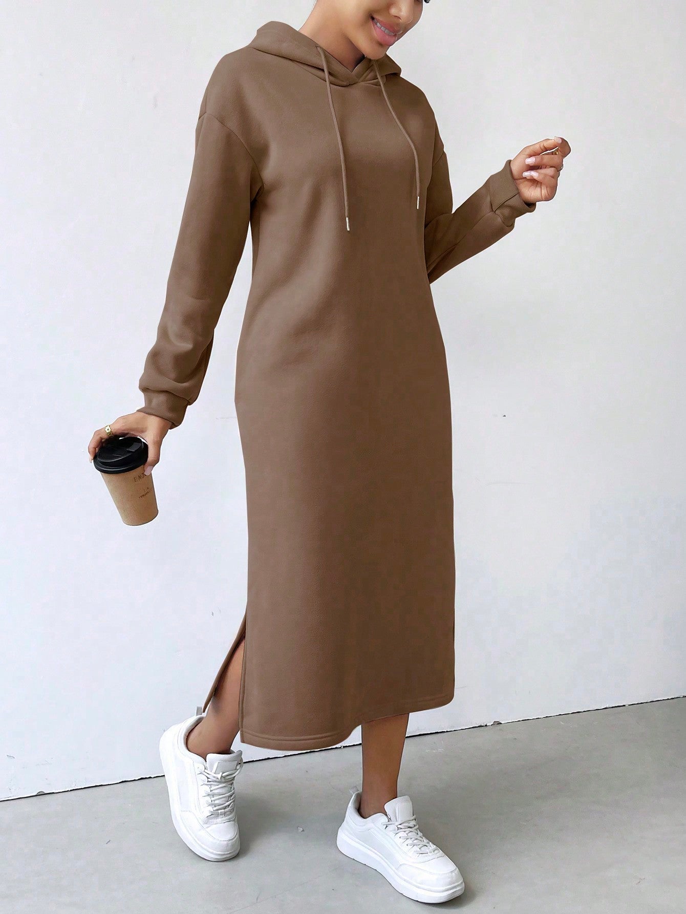 Lune vestido con capucha de manga larga, bolsillo y unicolor minimalista para mujer