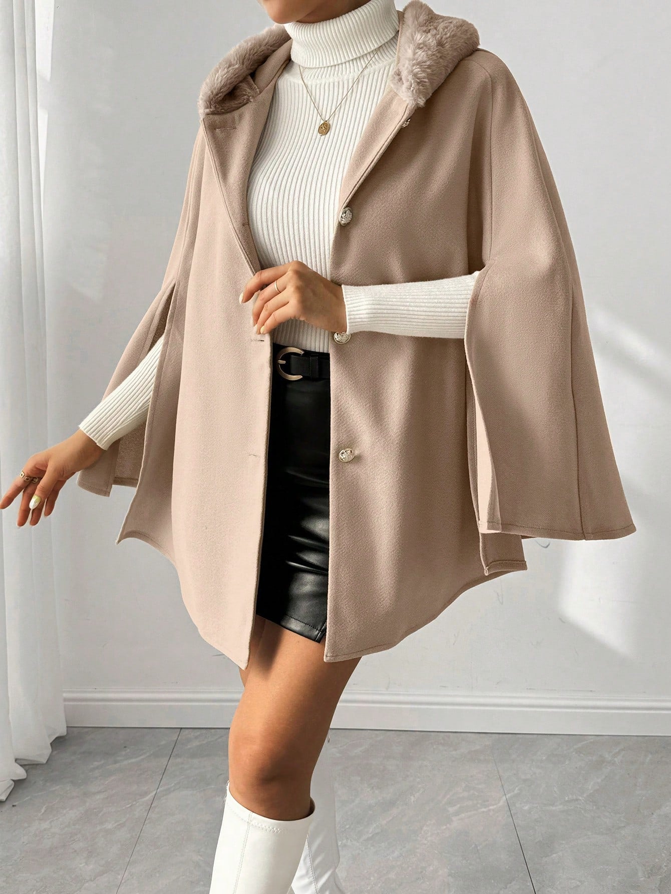 Prive poncho de abrigo con capucha y cuello de piel, de unicolor, de uso casual diario, para otono/invierno