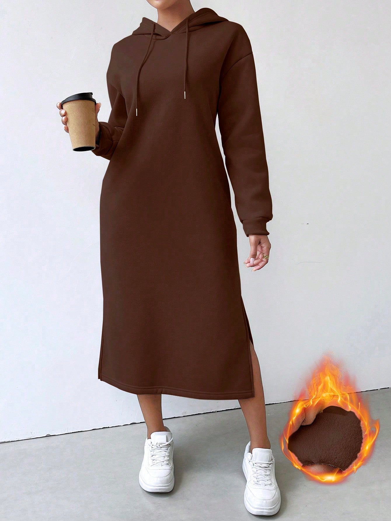 Lune vestido con capucha de manga larga, bolsillo y unicolor minimalista para mujer