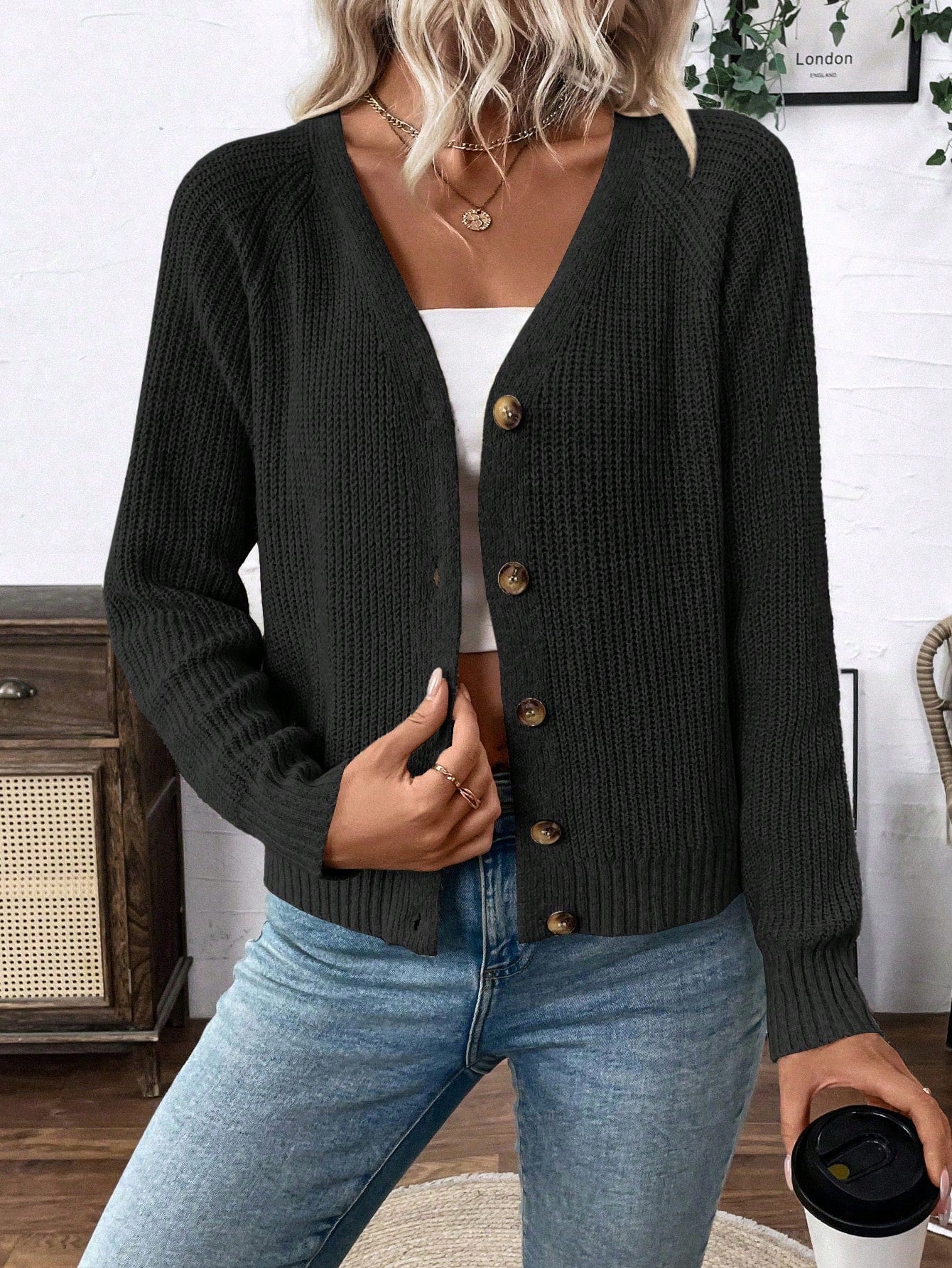 Lune chaqueta de punto de manga larga casual con cuello en v y manga raglan para mujer, con diseno minimalista y ajuste holgado para otono/invierno