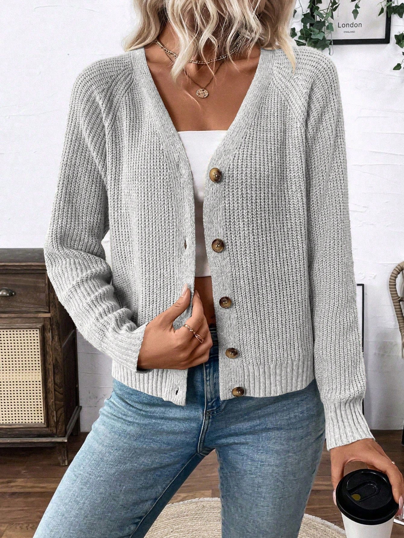 Lune chaqueta de punto de manga larga casual con cuello en v y manga raglan para mujer, con diseno minimalista y ajuste holgado para otono/invierno