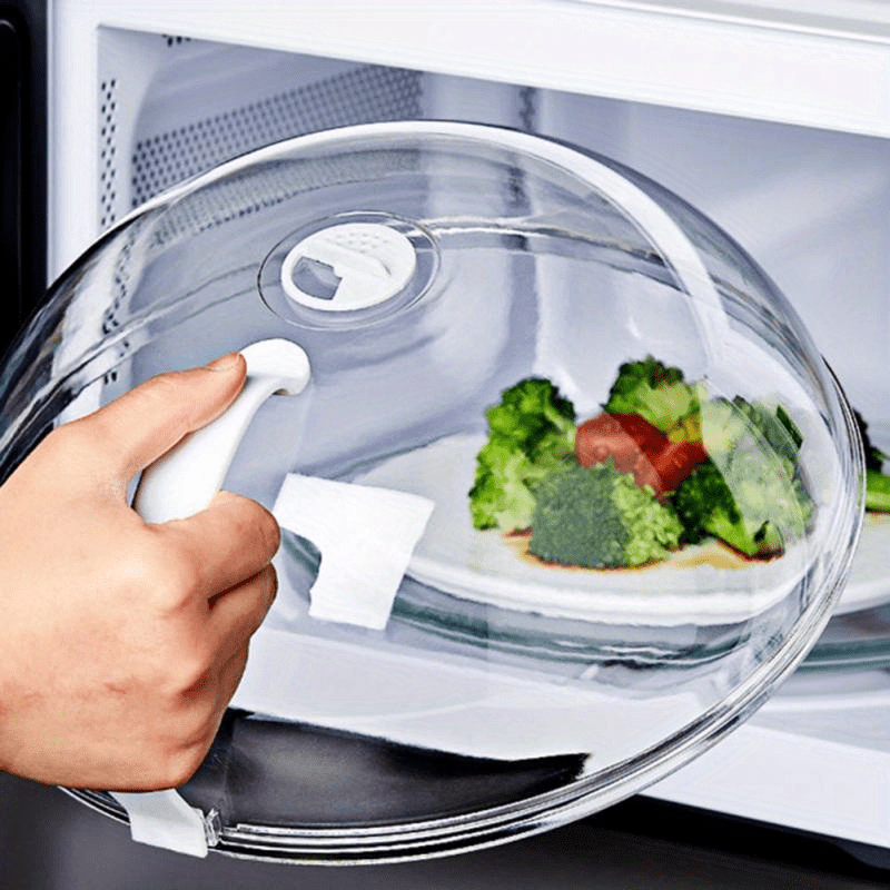 1 pieza de cubierta de comida transparente que evita salpicaduras, diseñada para uso en hornos microondas para calentar alimentos, con una ventilación de vapor. Esta cubierta de bandeja es fácil de manejar y es compatible con hornos microondas y utensili