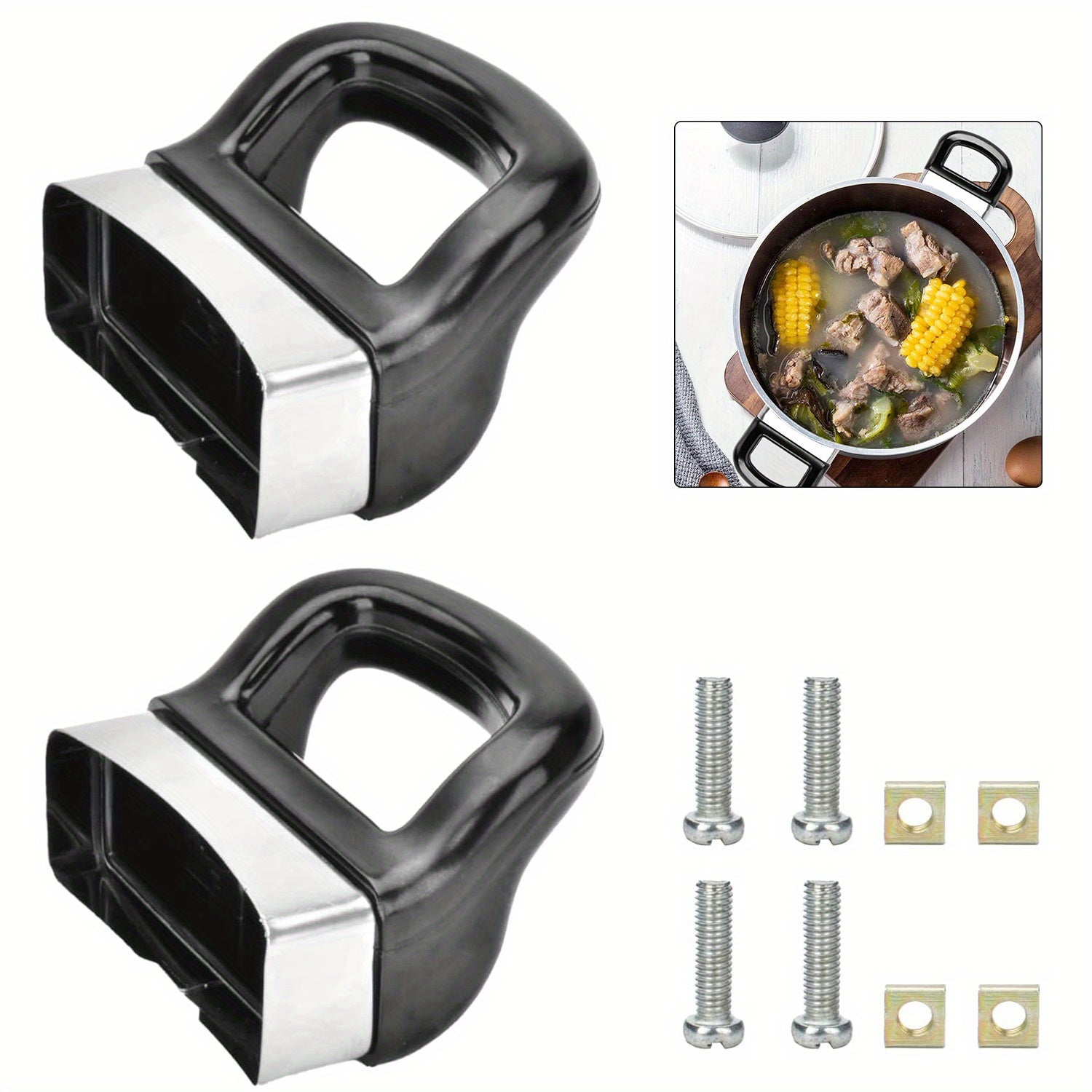 2pcs Asas Laterales Negras para Ollas - Fácil Instalación, Adecuadas para Ollas a Presión y Vaporeras, Incluye Herrajes de Montaje