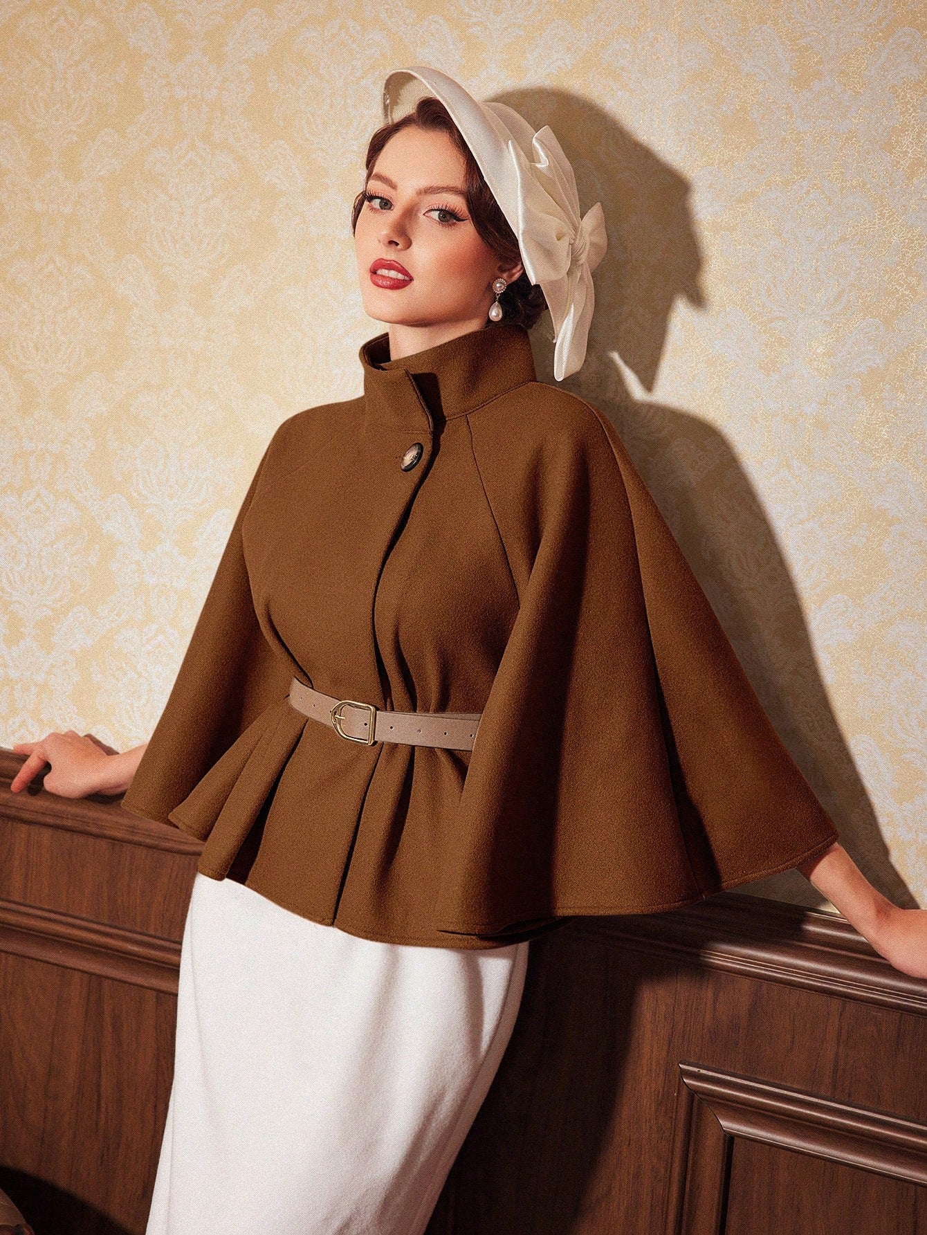 Vintamour abrigo capa elegante con cuello de pie de unicolor para mujer, para otono/invierno