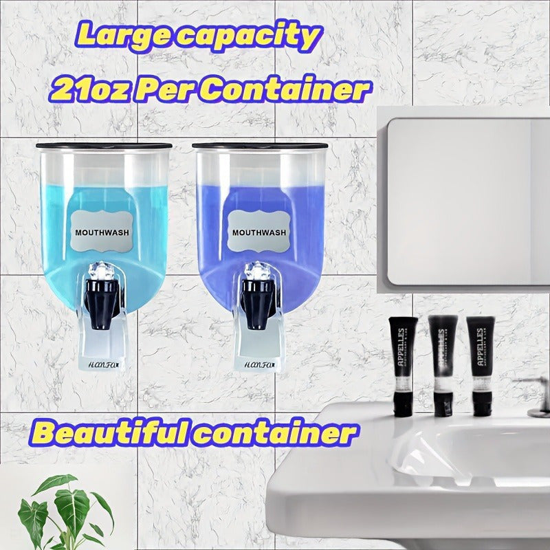 1/2 pzs Dispensador de Enjuague Bucal Duradero Montado en la Pared, Contenedor de Plástico de 21 oz, No Se Necesita Electricidad, Accesorio de Almacenamiento y Organizador de Baño