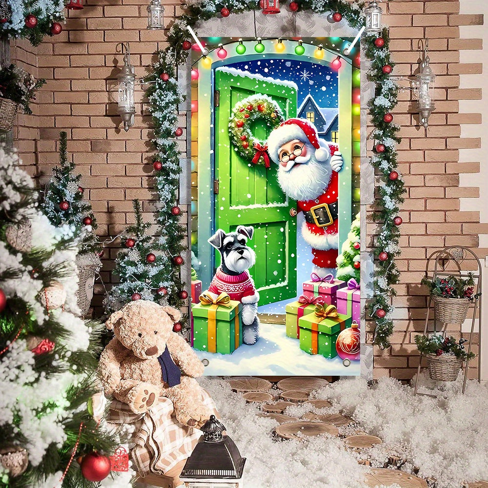 Adorno para marco de puerta de Papá Noel y cachorro, 1 pieza, 89.92x180.09 cm, borlas de poliéster con temática navideña, sin pilas, estilo moderno, perfecto para celebraciones de Año Nuevo y fiestas, ideal para casas de vacaciones y decoración de fiestas