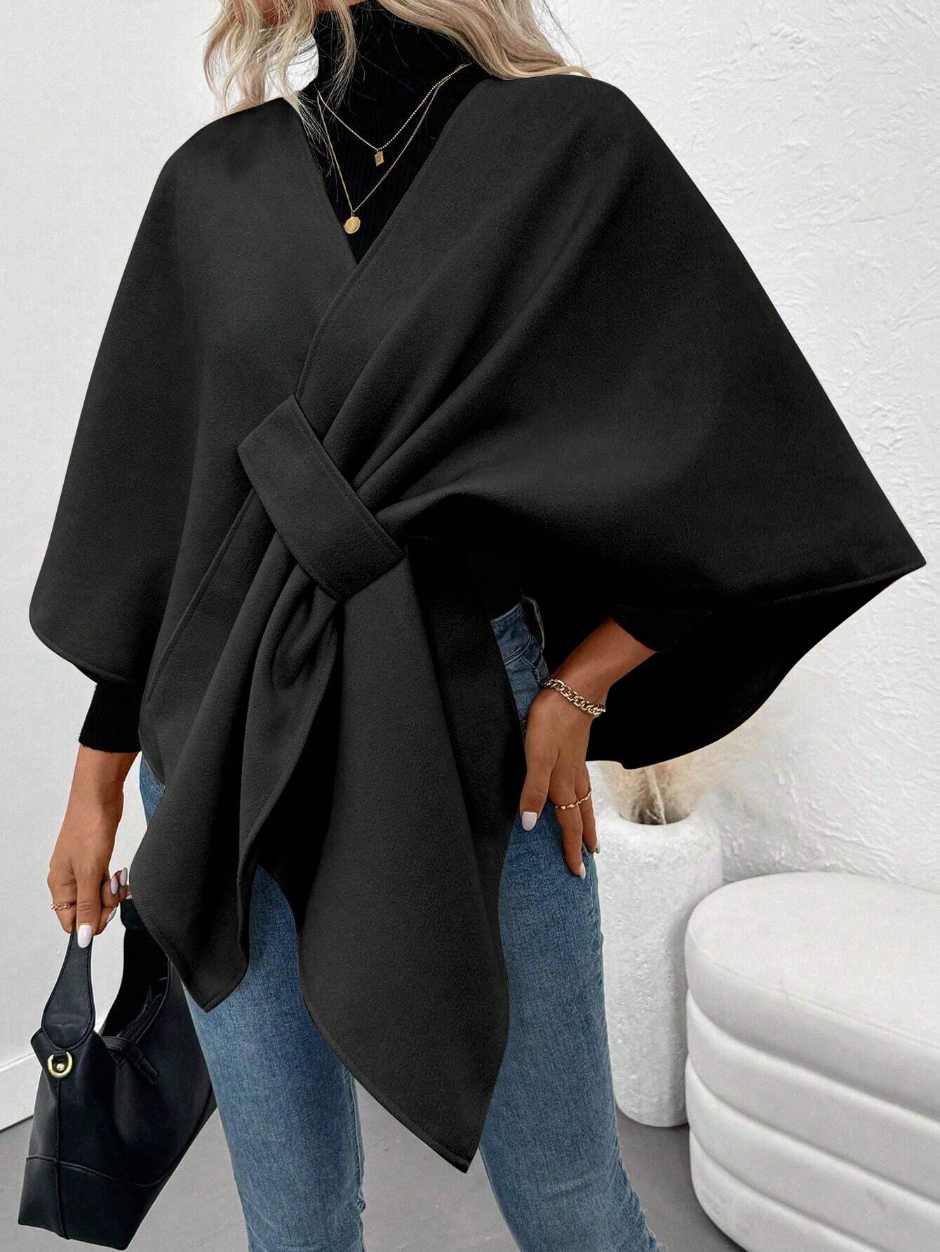 Clasi abrigo de lana de unicolor elegante con cierre envolvente para mujer, para otono/invierno