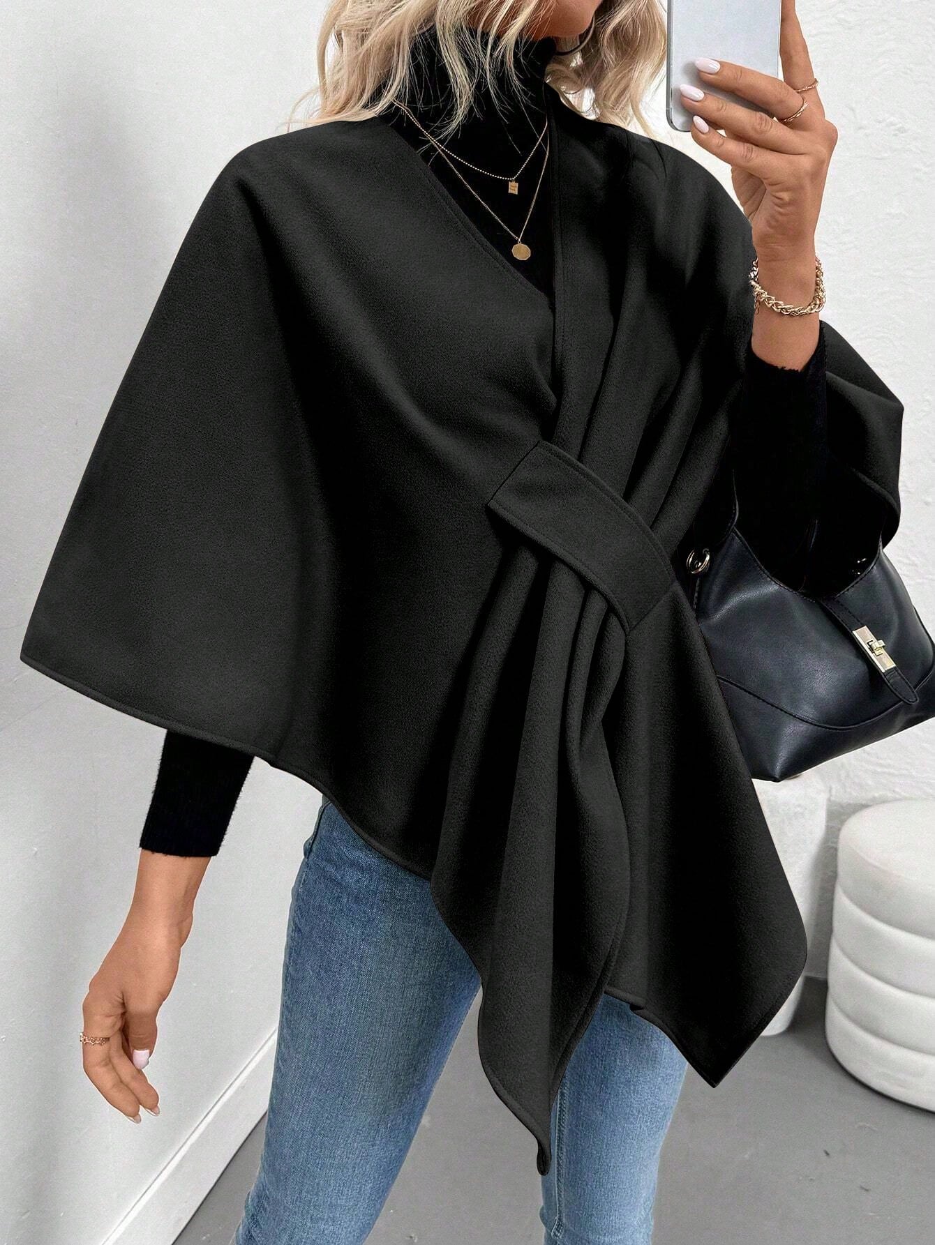 Clasi abrigo de lana de unicolor elegante con cierre envolvente para mujer, para otono/invierno