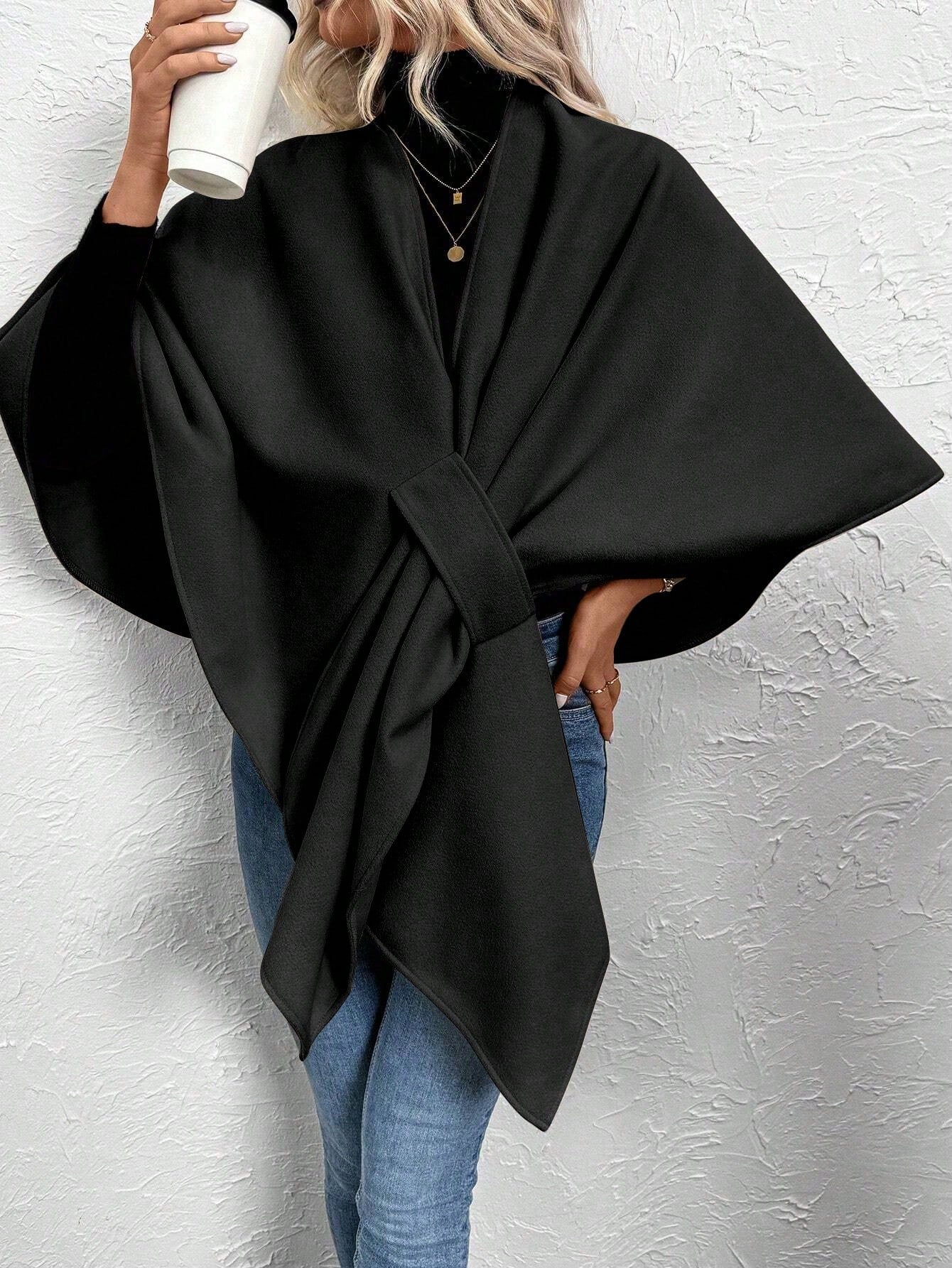 Clasi abrigo de lana de unicolor elegante con cierre envolvente para mujer, para otono/invierno