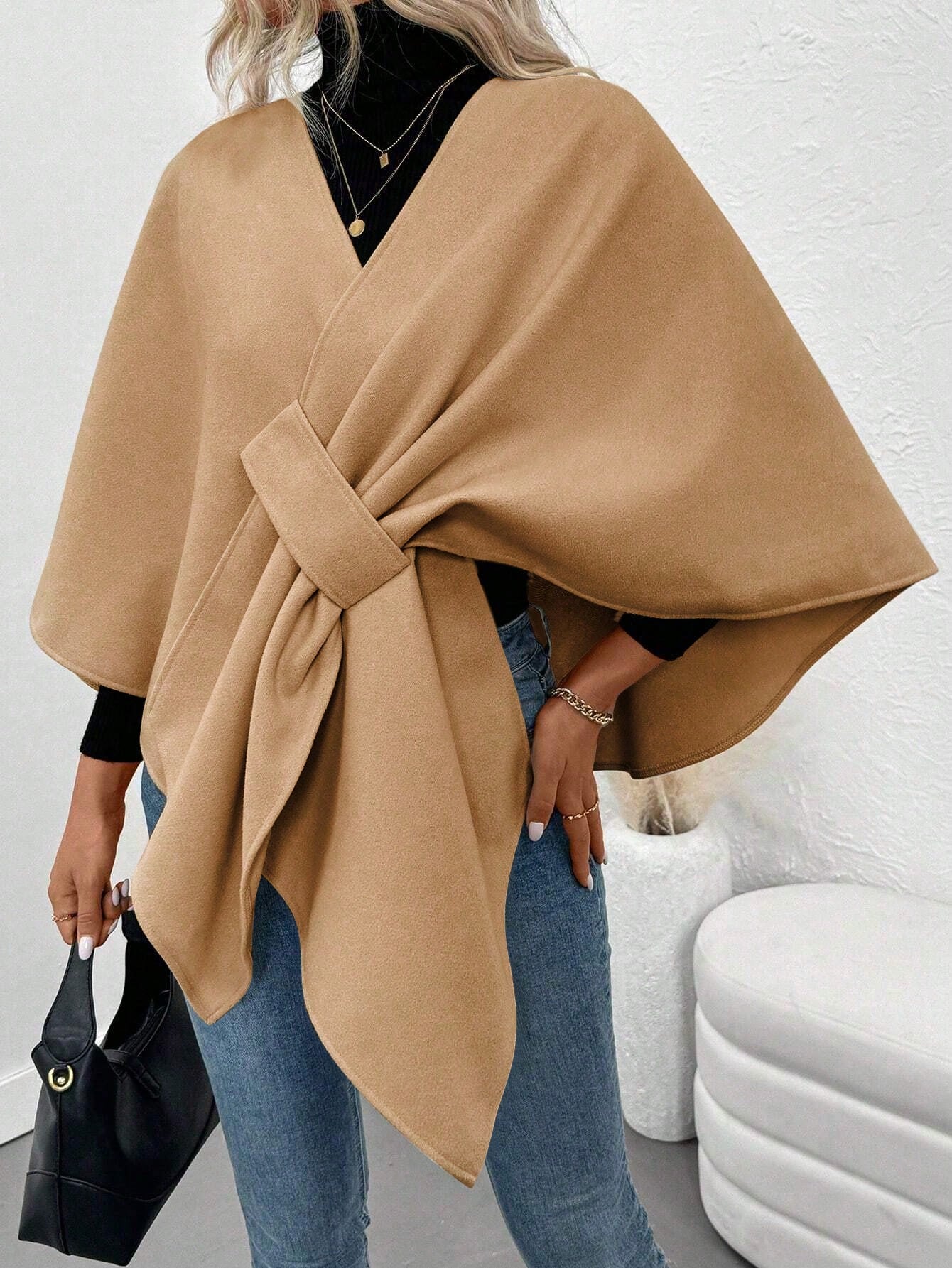 Clasi abrigo de lana de unicolor elegante con cierre envolvente para mujer, para otono/invierno
