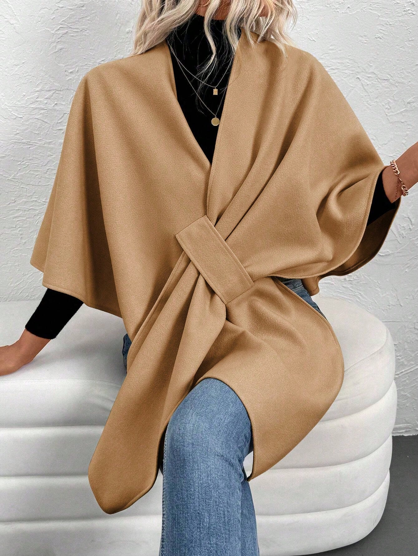 Clasi poncho/capa de mujer de unicolor, chaqueta de lana informal para otono/invierno