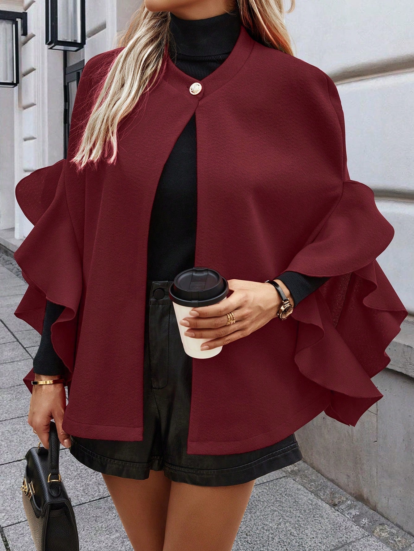 Clasi chaqueta de lana elegante con volantes y parches de un solo abotonado de unicolor para mujer, para otono/invierno
