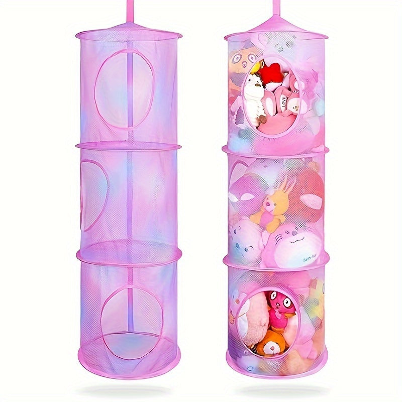 Organizador de malla colgante de 3 niveles con jaulas abiertas apilables - Ideal para animales de peluche, hamaca de juguetes multiusos, hamaca de red de almacenamiento cilíndrica - Poliéster, estilo vintage, cestas de estantes